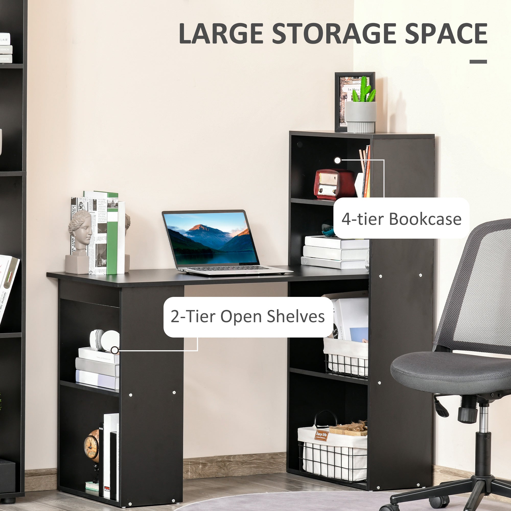 Computer Desk with 6-Tier Storage Shelves, Writing Desk Workstation with Bookshelf for Home Office, Black
