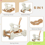 5 in 1 Kids Rocking Horse with Detachable Base, Safety Guardrails, Footrests, Push Handle for Ages 1-3, Brown