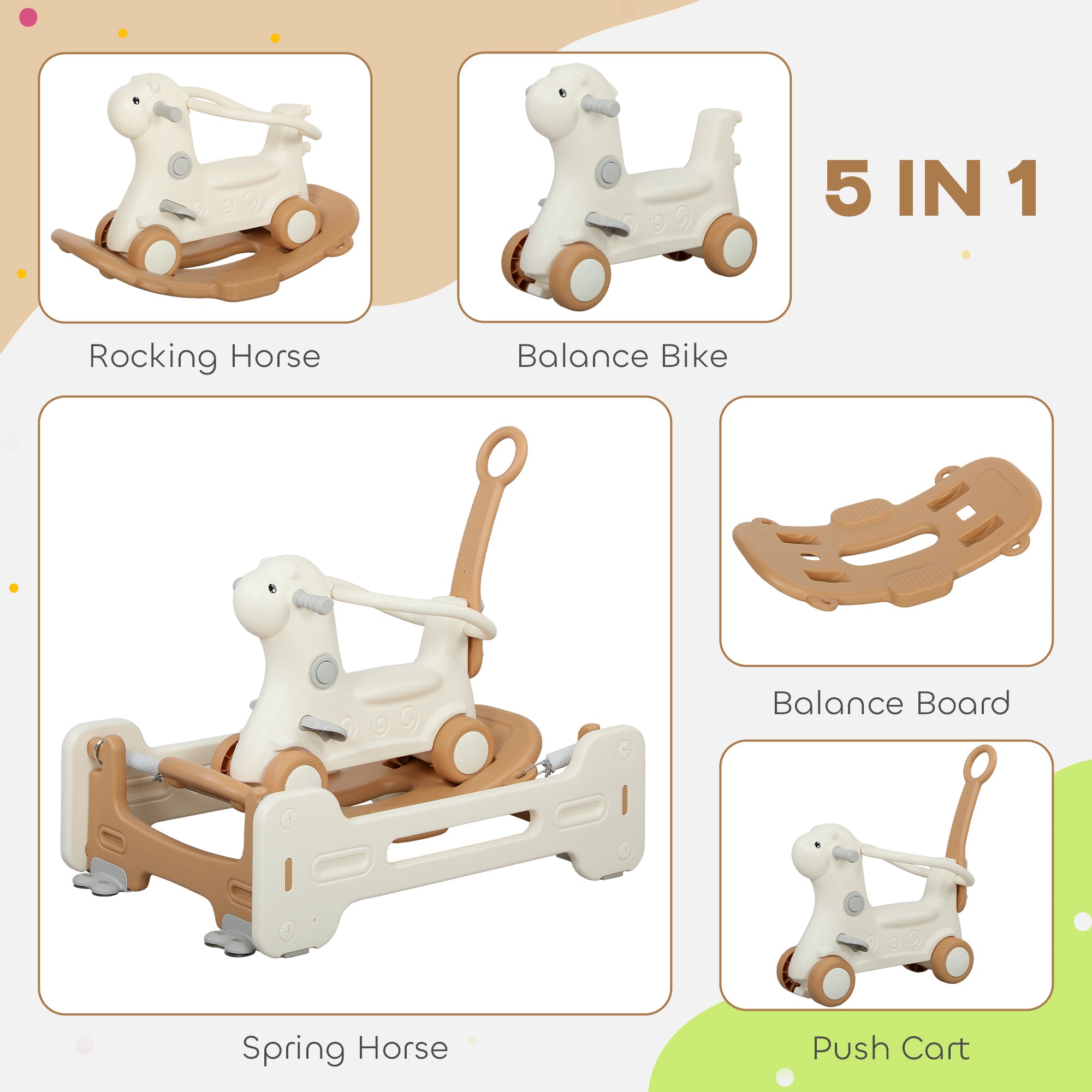 5 in 1 Kids Rocking Horse with Detachable Base, Safety Guardrails, Footrests, Push Handle for Ages 1-3, Brown