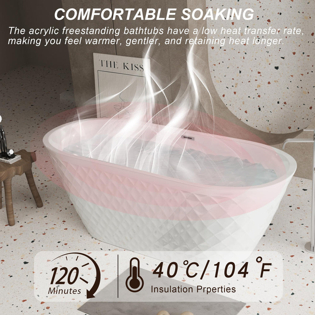 59" Acrylic Freestanding Bathtub with Unique Diamond-Pattern Exterior, Oval Soaking Tub for Bathroom, 59" L x 29.5" W x 23" H, Gloss White