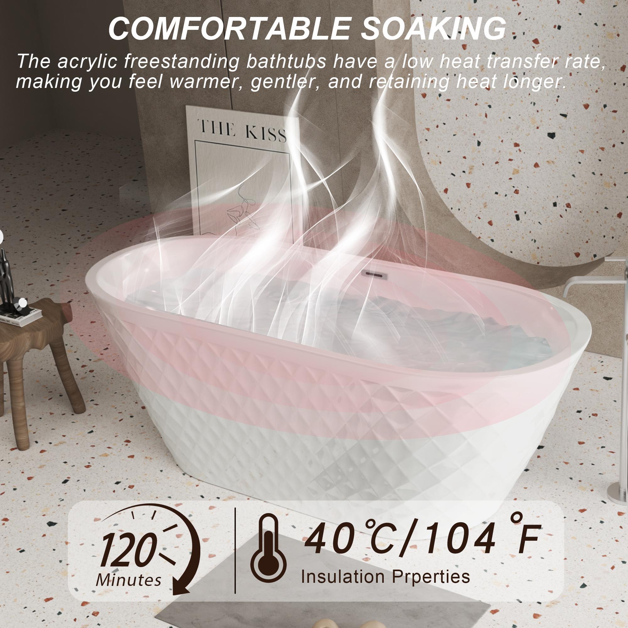 59" Acrylic Freestanding Bathtub with Unique Diamond-Pattern Exterior, Oval Soaking Tub for Bathroom, 59" L x 29.5" W x 23" H, Gloss White
