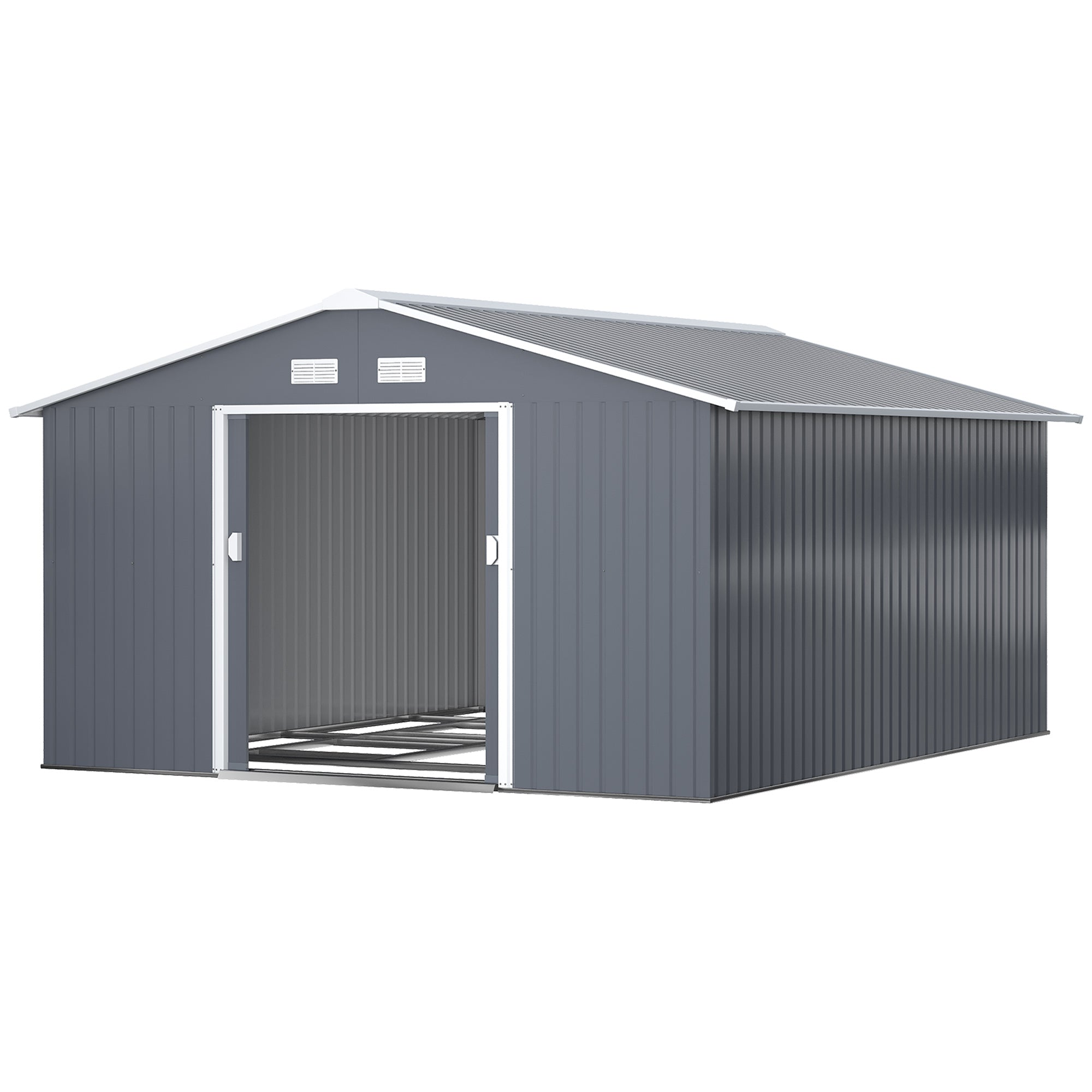 11' x 13' Garden Metal Shed, Storage Shed Utility Storage with Double Locking Doors for Bike, Yard Tools, Dark Gray