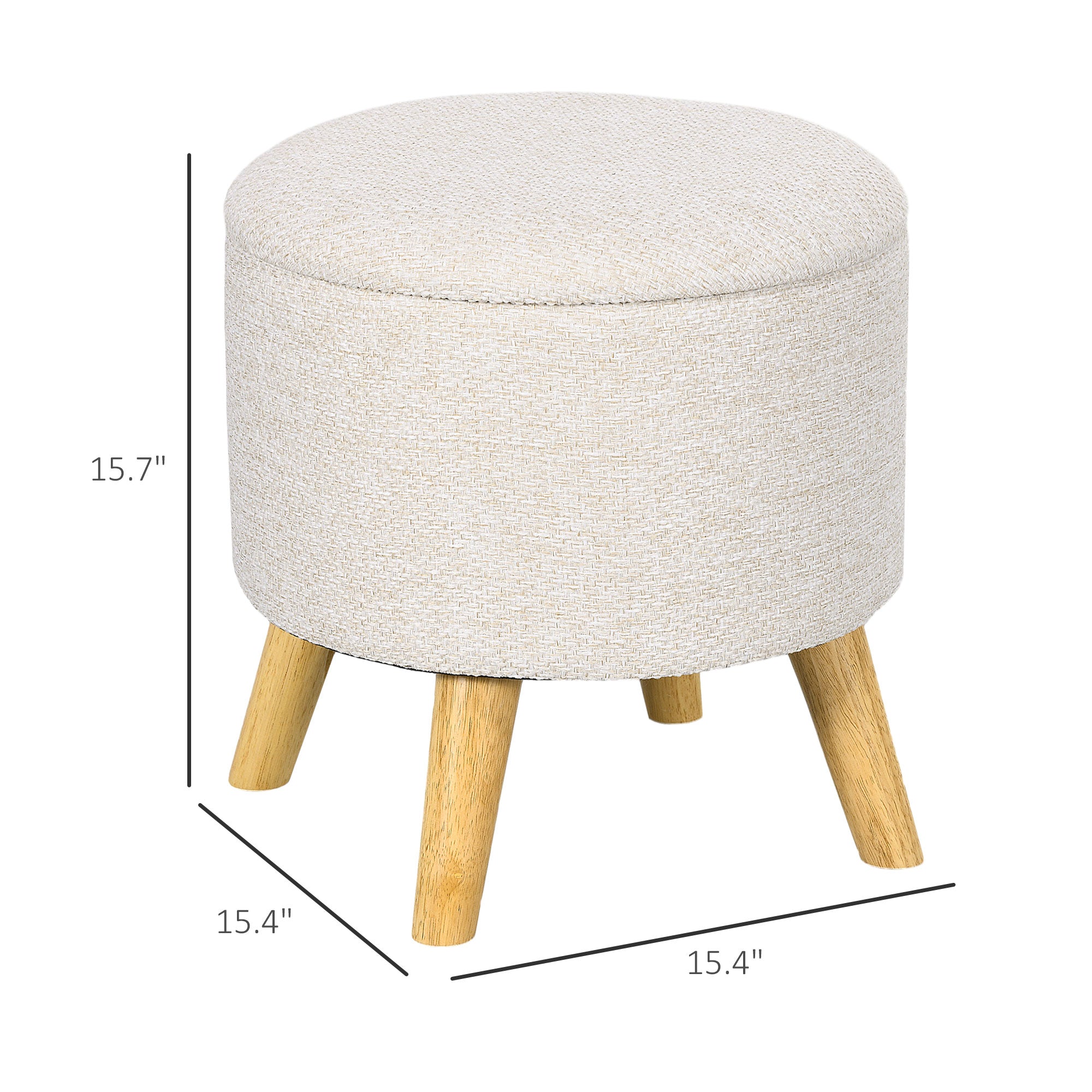 Round Ottoman Stool with Storage, Linen Fabric Upholstered Foot Stool with Padded Seat, Hidden Space and Wood Legs