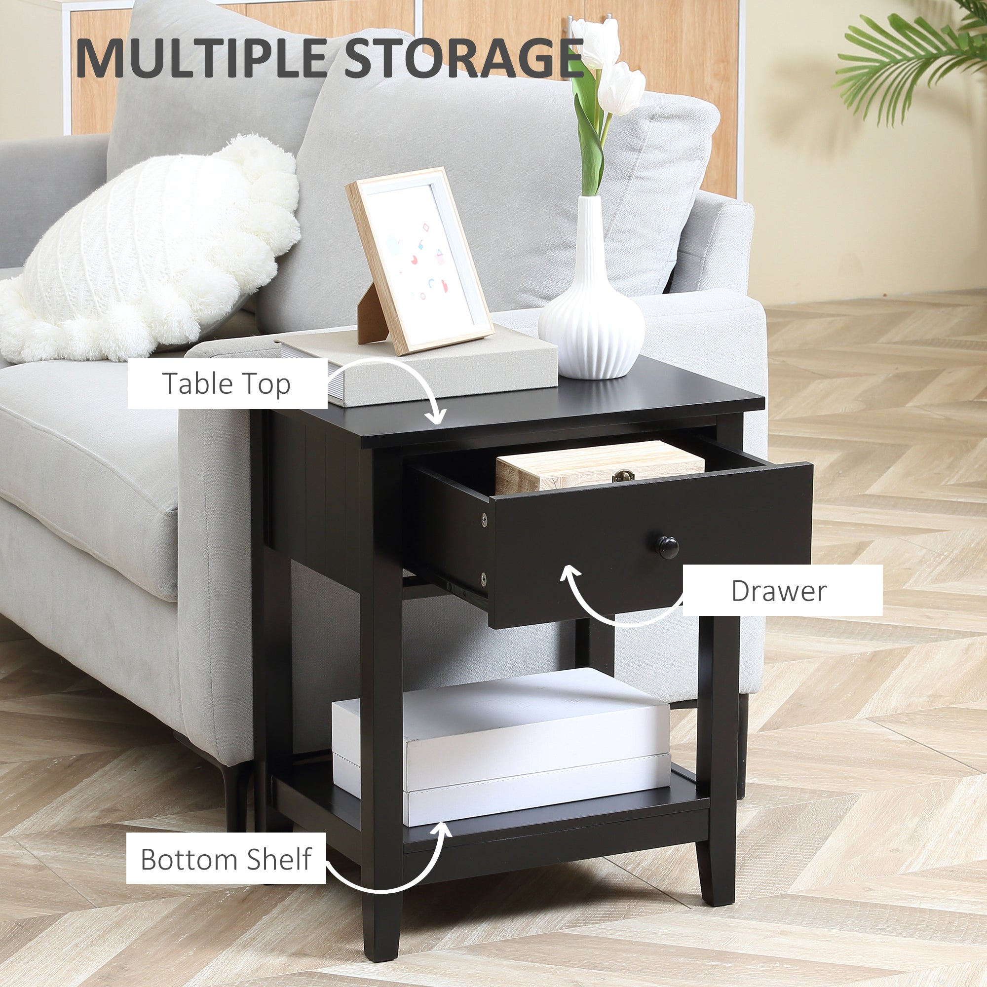 Modern Side Table for Living Room, End Table, 2-tier Side Table with Drawer and Storage Shelf, Black