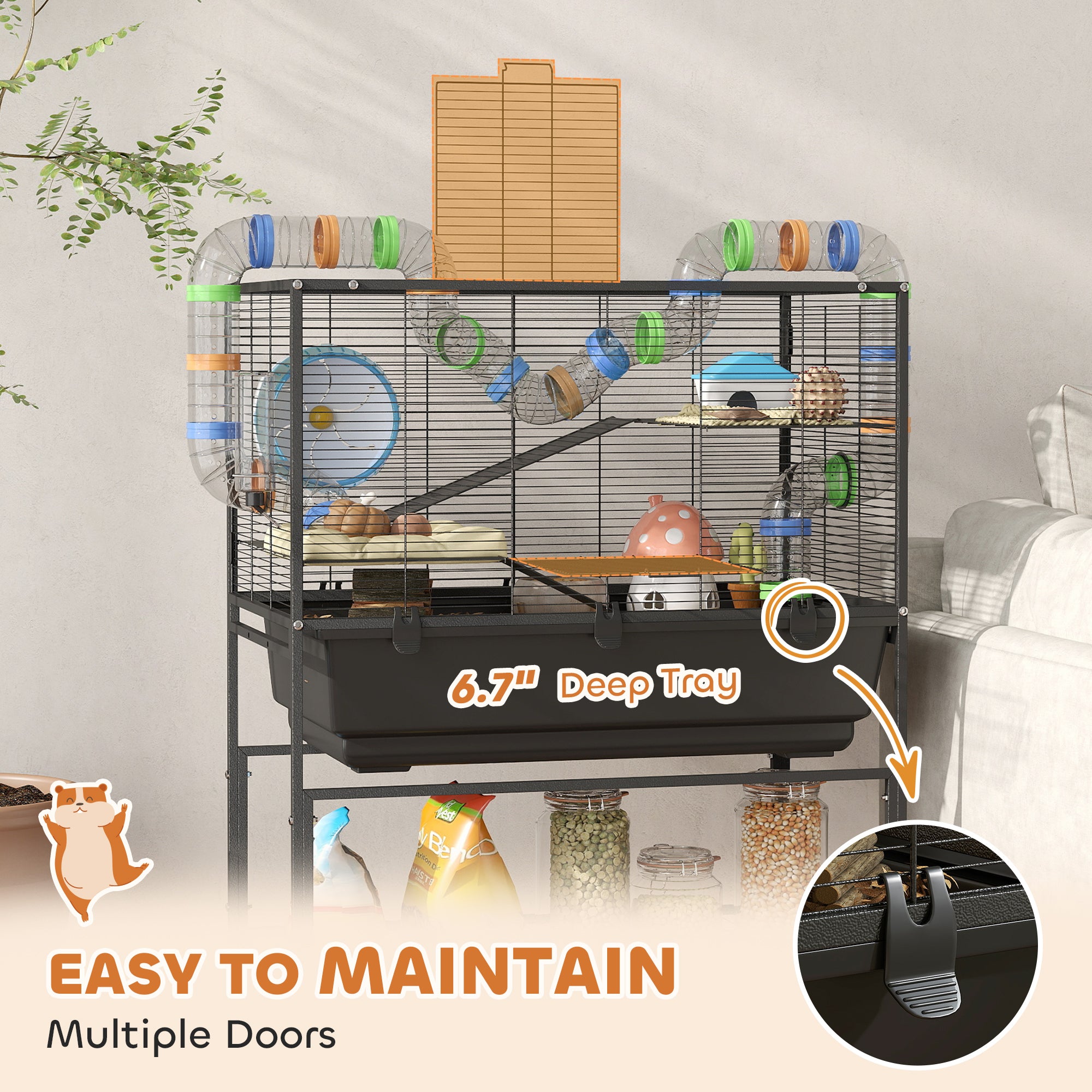 3 Tier Hamster Cage, Rolling Rat Cage with Deep Tray, Storage Shelf, Big Exercise Wheel, Hut, Tube System