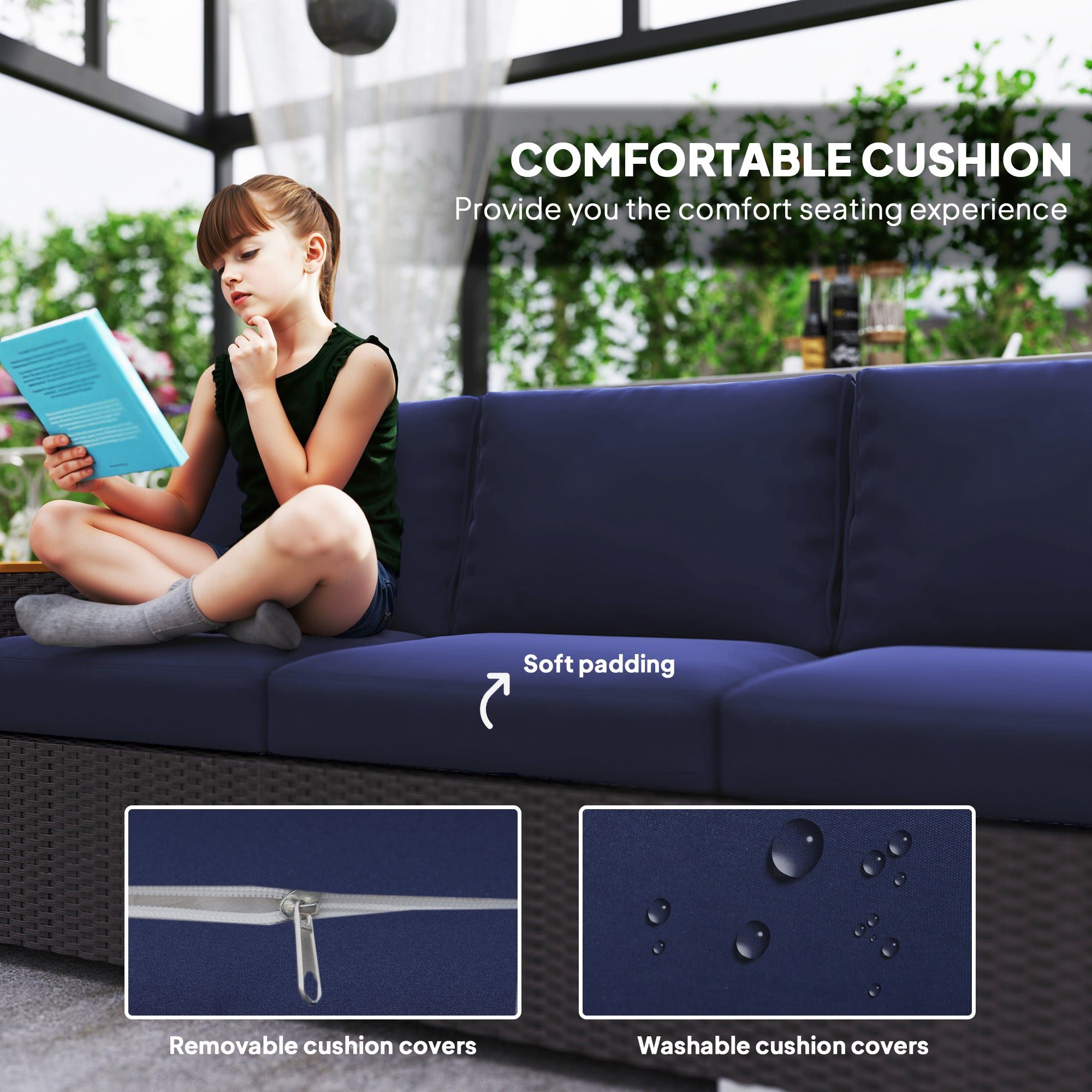 3-Seat Outdoor Patio Sofa, PE Wicker Outdoor Couch with Extra Wide Deep Seat, Wide Armrests 4" Cushions, Navy Blue