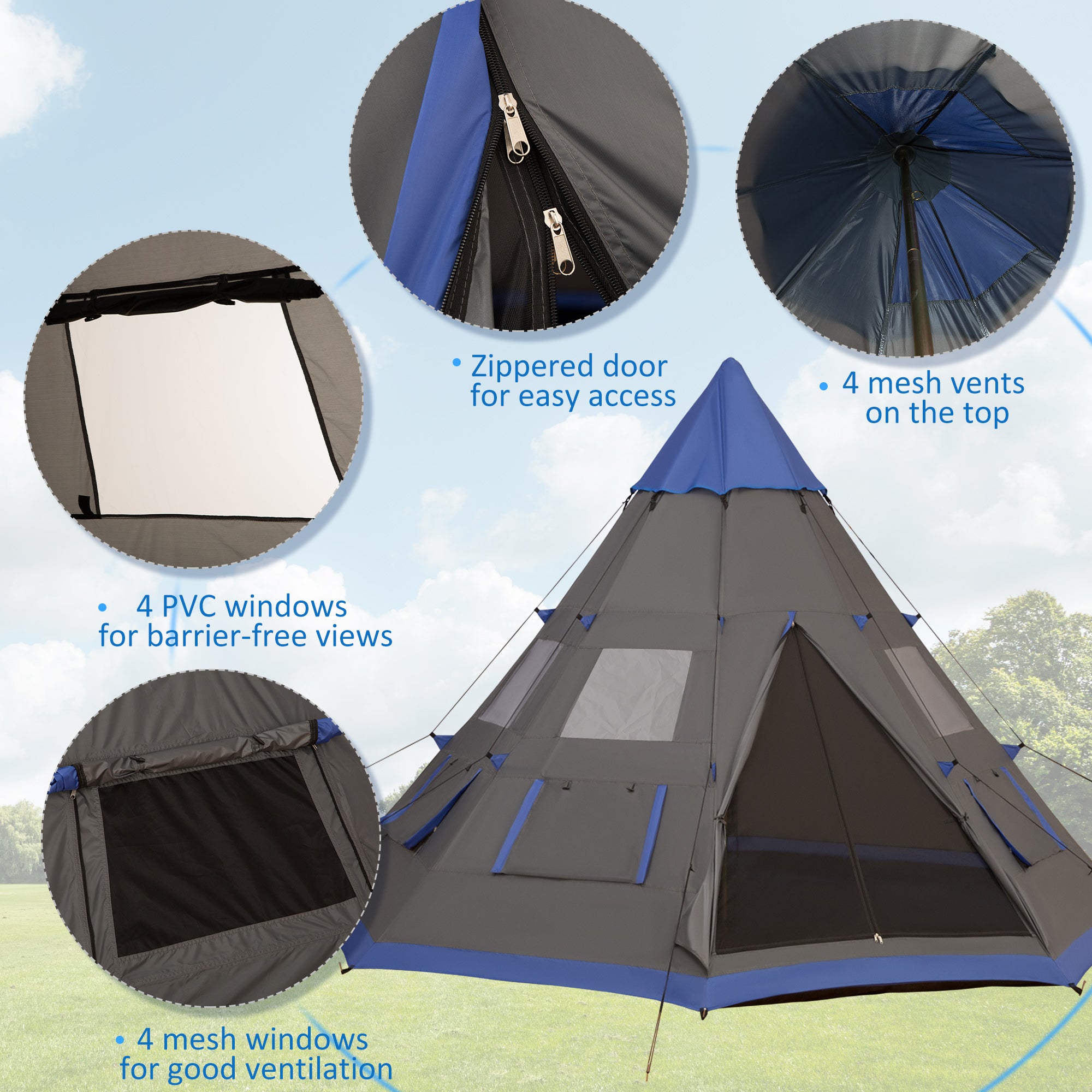12Ft Camping Tent 6-7 Person 4 Season with 8 Mesh Windows, Outdoor Teepee Tent with Waterproof Material