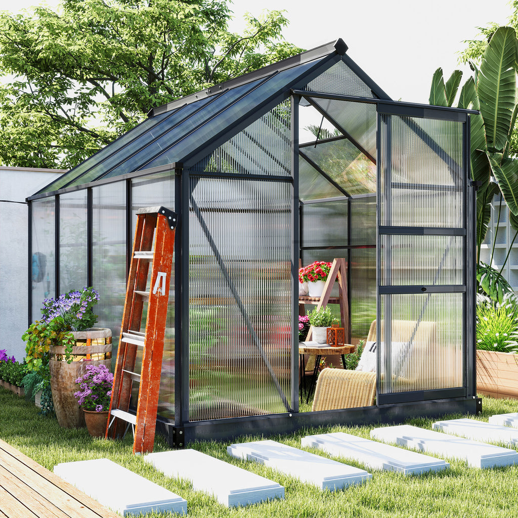 Polycarbonate Greenhouse, Heavy Duty Outdoor Aluminum Walk-in Green House Kit Vent Door, 6.2'x8.3'x6.6' Gray