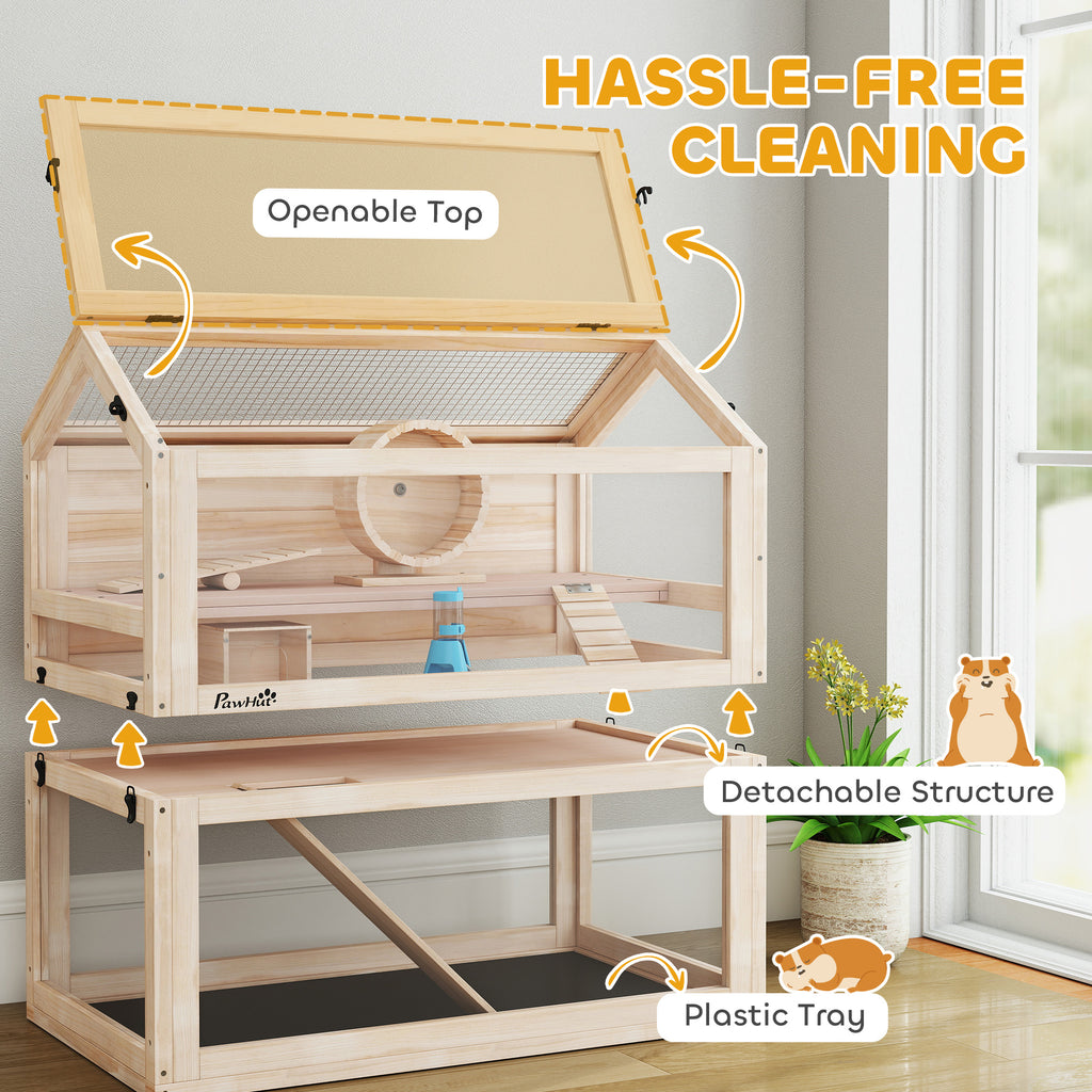 Wooden Hamster Cage, 3-Tier Small Animal Cage with Hut, Seesaw, Ramps, Exercise Wheel, Acrylic Panel and Bottom Tray