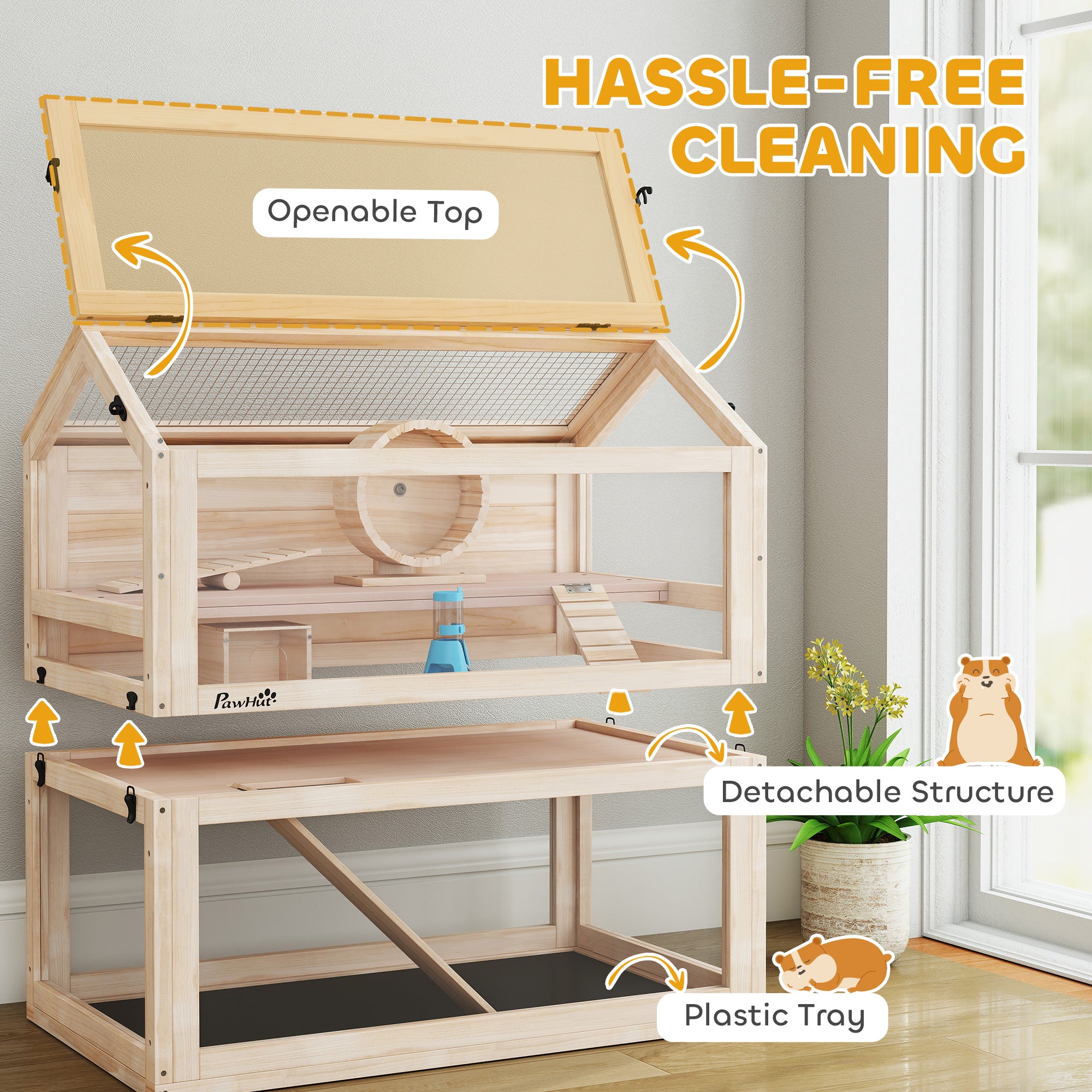 Wooden Hamster Cage, 3-Tier Small Animal Cage with Hut, Seesaw, Ramps, Exercise Wheel, Acrylic Panel and Bottom Tray