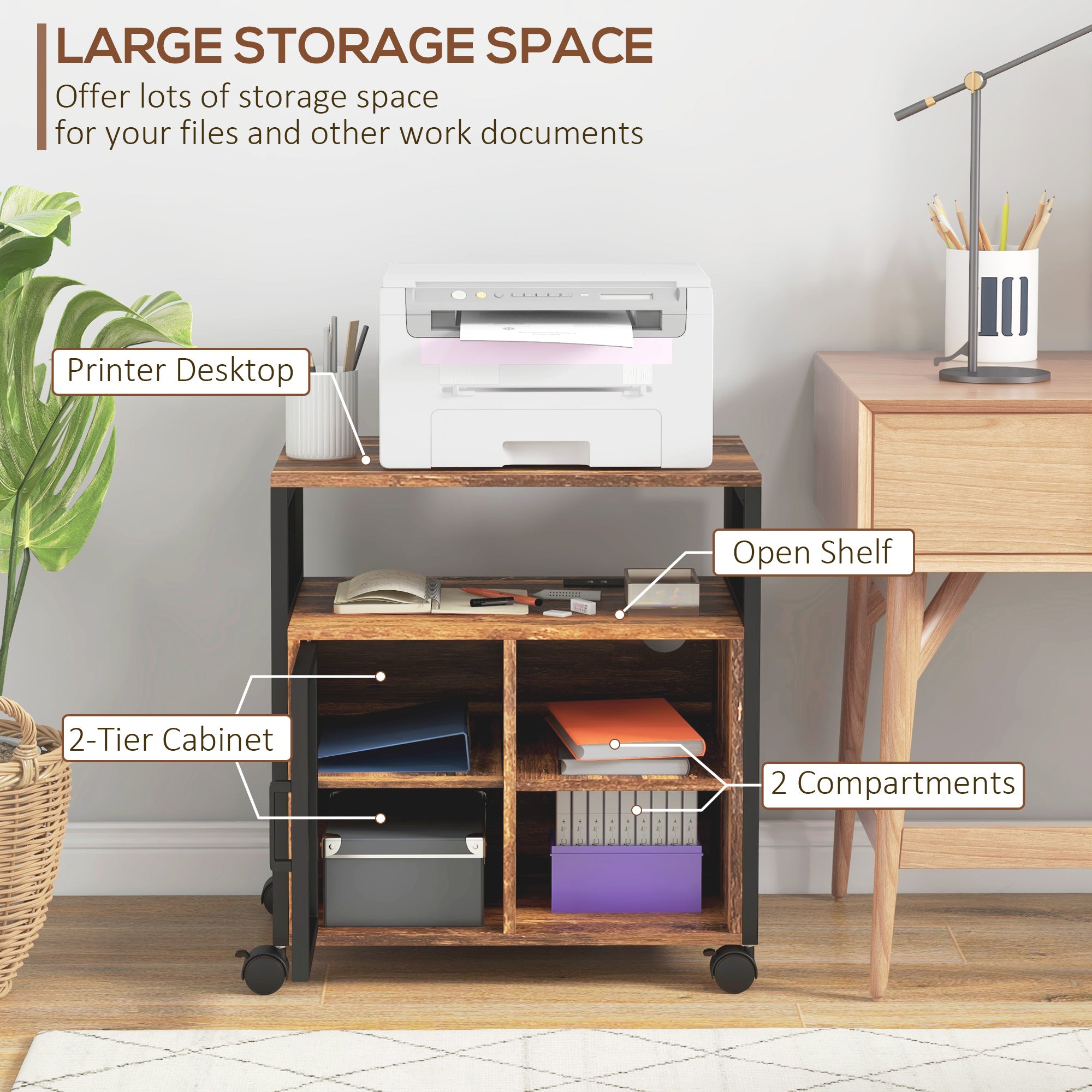 Printer Stand with Socket and USB Charging Ports, Industrial Mobile Printer Table with Storage and Wheels, Rustic Brown
