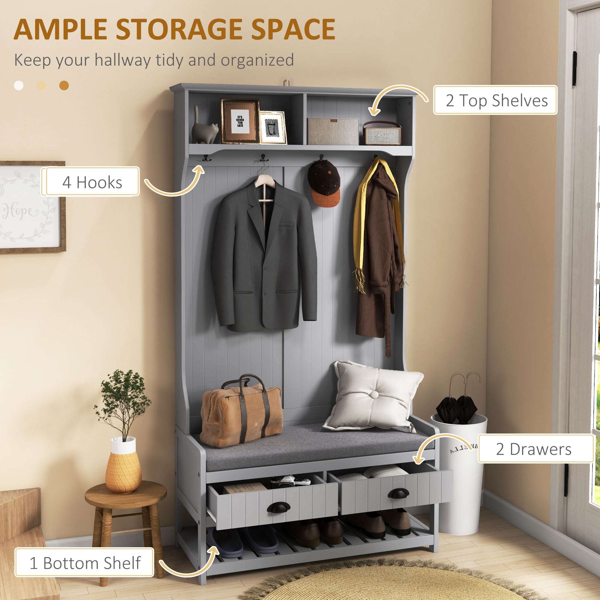 3-in-1 Hall Tree, Entryway Bench with Coat Rack, Mudroom Bench with Shoe Rack, 2 Storage Drawers, 4 Hooks and Padded Seat Cushions for Hallway, Gray