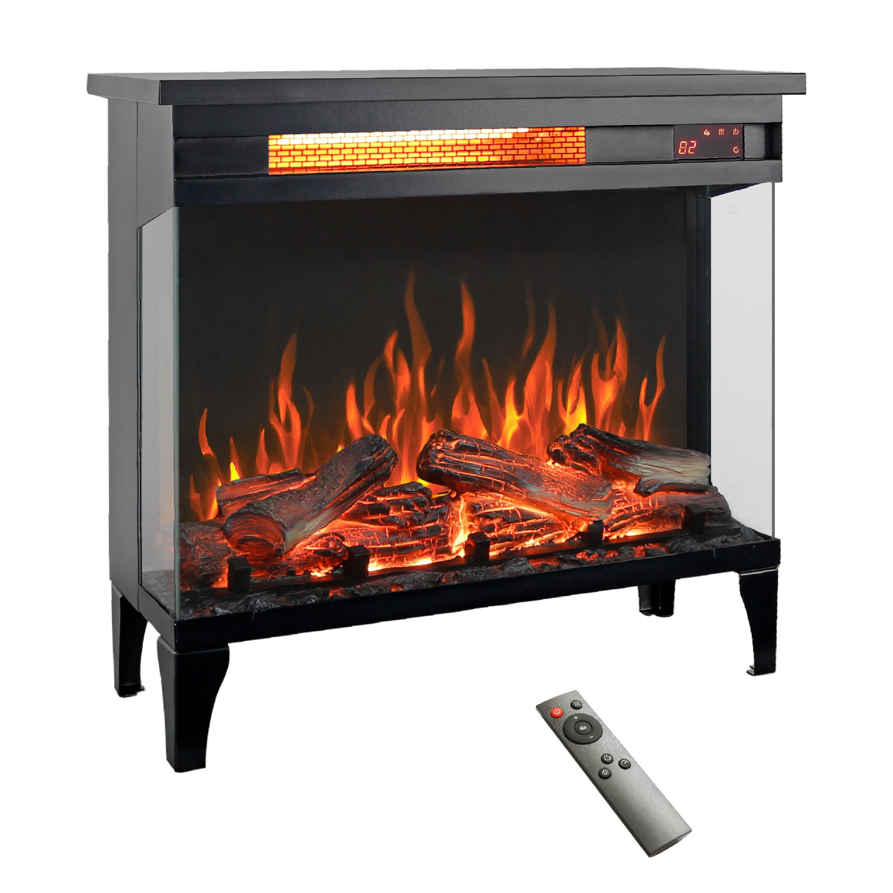 24" Freestanding Design 3-Sided Glass Electric Fireplace with Remote Control, Adjustable Flame Effects, and Easy Installation, Antique Black