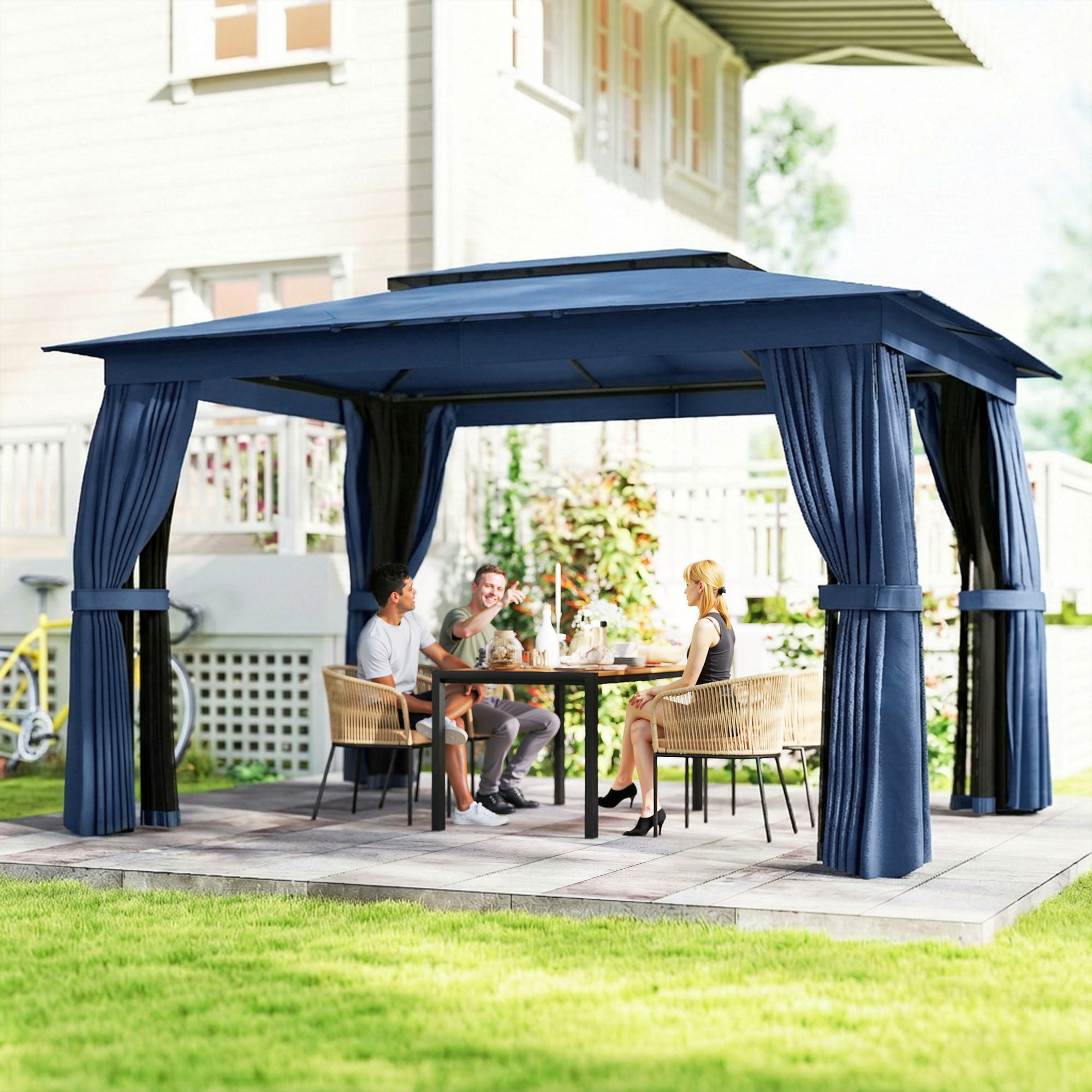 10' x 12' Outdoor Patio Gazebo, Soft Top Gazebo Canopy Shelter with Curtains, Netting, Steel Frame, Hooks, Blue