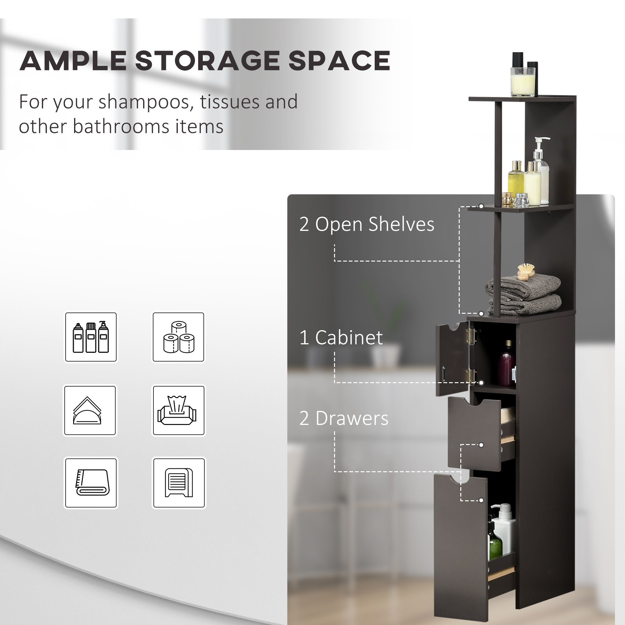 54" Tall Bathroom Storage Cabinet, Freestanding Linen Tower with 2-Tier Shelf and Drawers, Narrow Side Floor Organizer, Brown