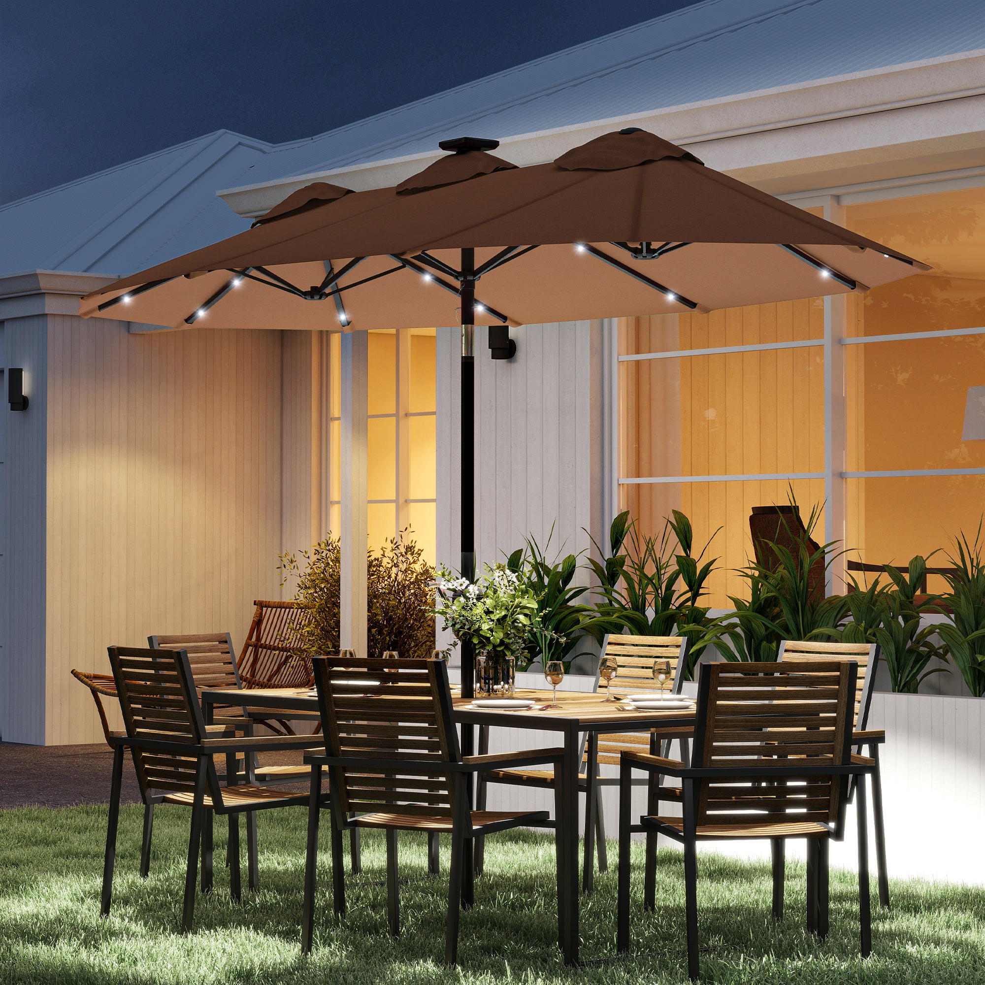 Double-sided Patio Umbrella, 9.7 ft. Outdoor Umbrella with 45-Degree Tilt and Crank, LED Solar Light and 12 Ribs, Coffee