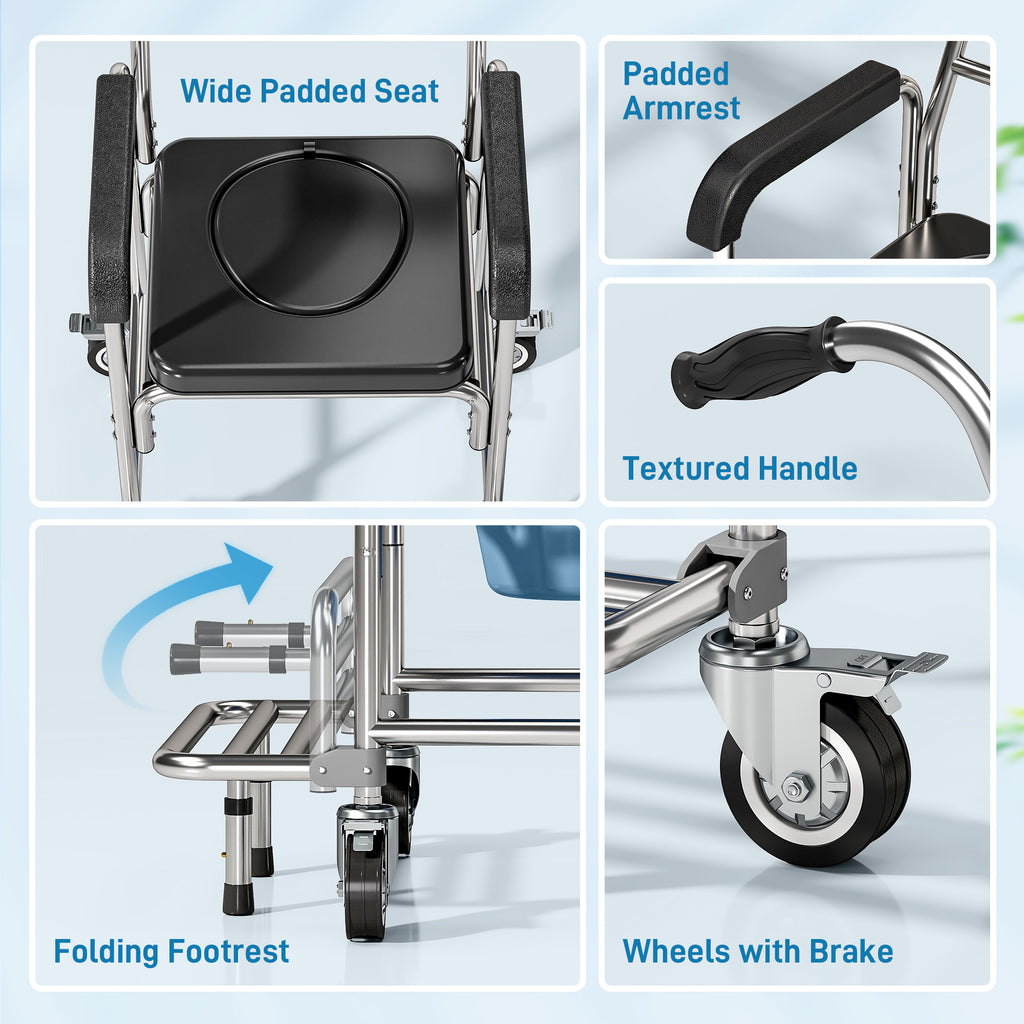 3-in-1 Shower Commode Wheelchair, Accessible Transport Commode Medical Rolling Chair, Black