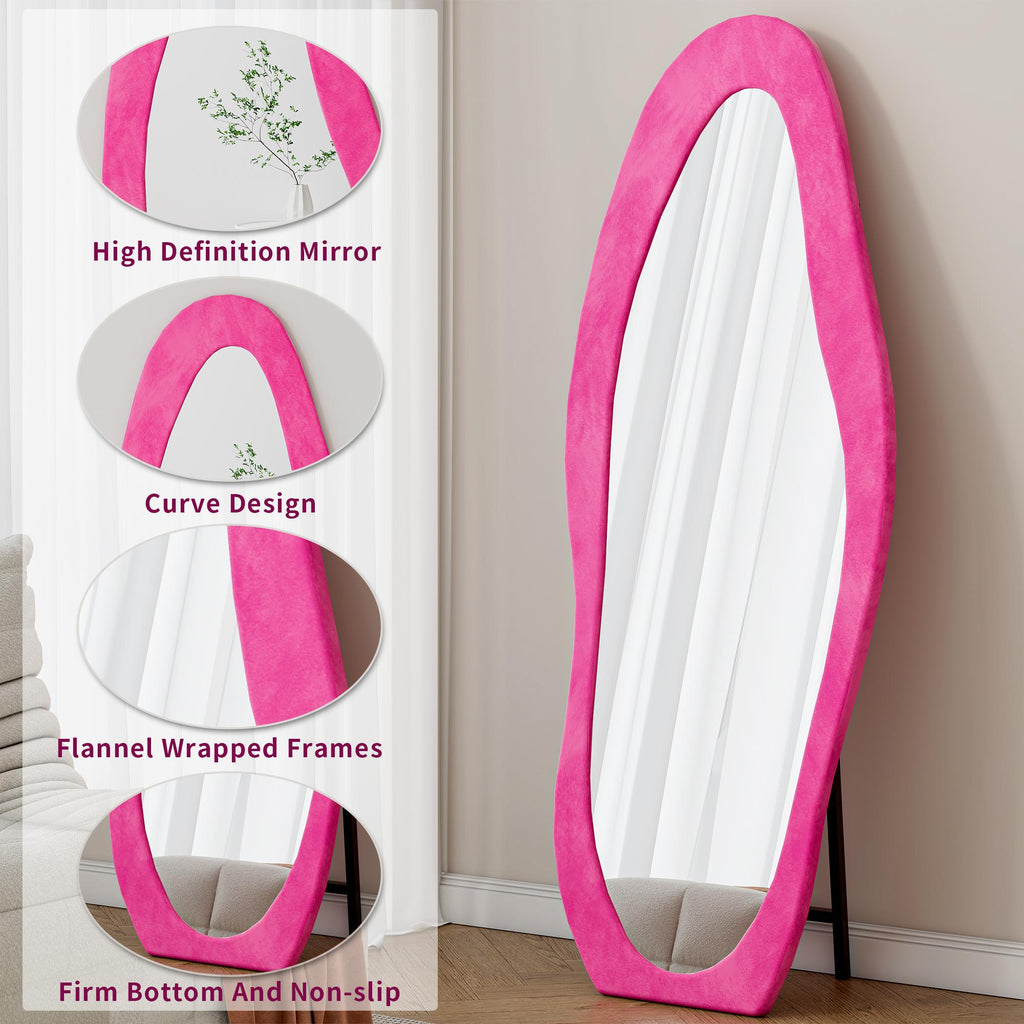 Full-Length Mirror with Flannel-Wrapped Wooden Frame, Irregular Wavy Design, Tempered Glass for Living Room, 63" L x 24" W x 2.5" H, Rose Pink