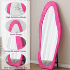Full-Length Mirror with Flannel-Wrapped Wooden Frame, Irregular Wavy Design, Tempered Glass for Living Room, 63" L x 24" W x 2.5" H, Rose Pink