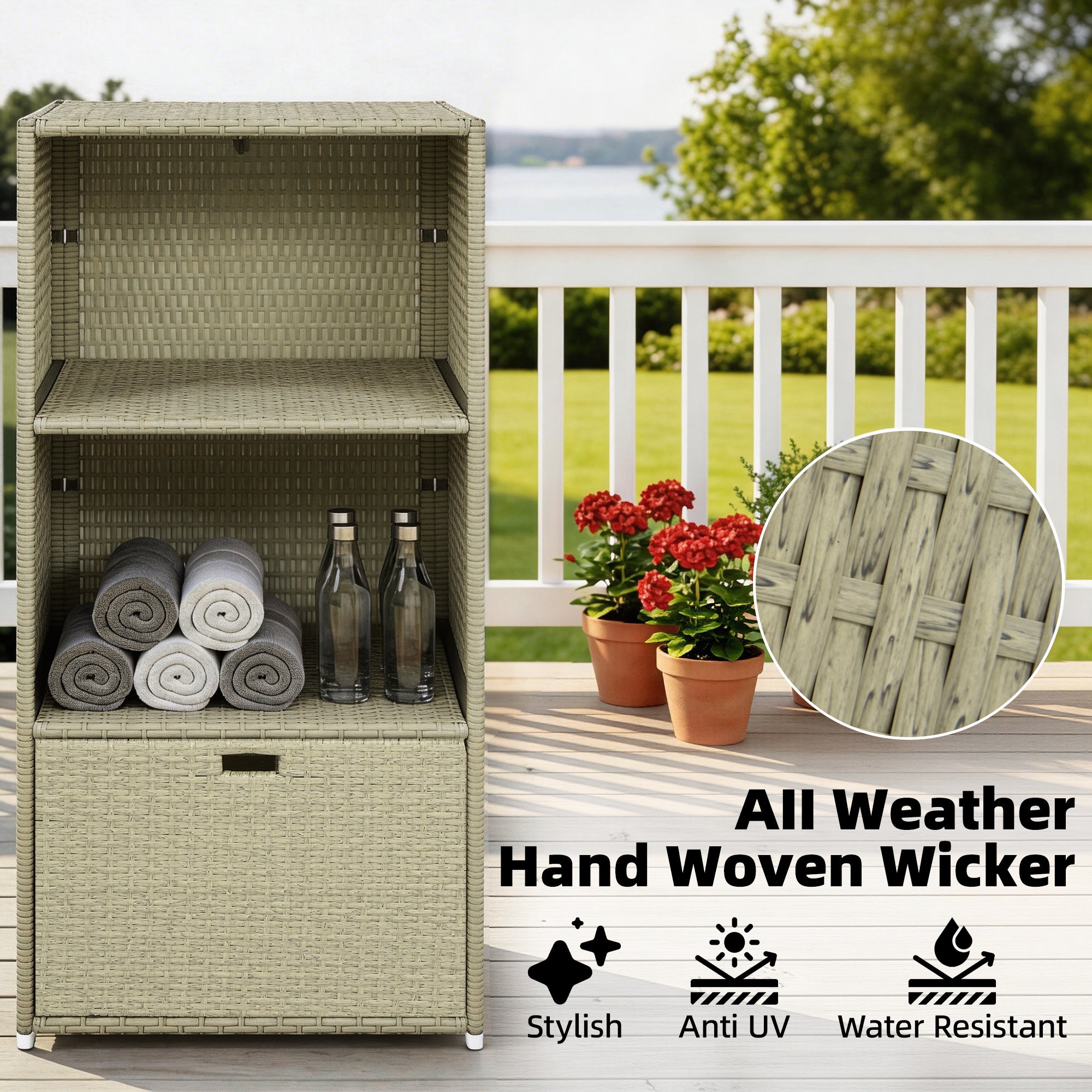 Valet Pool Towel Rack, Water-Resistant PE Plastic Rattan Wicker Storage Organizer, 2 Shelves, 1 Basket Drawer