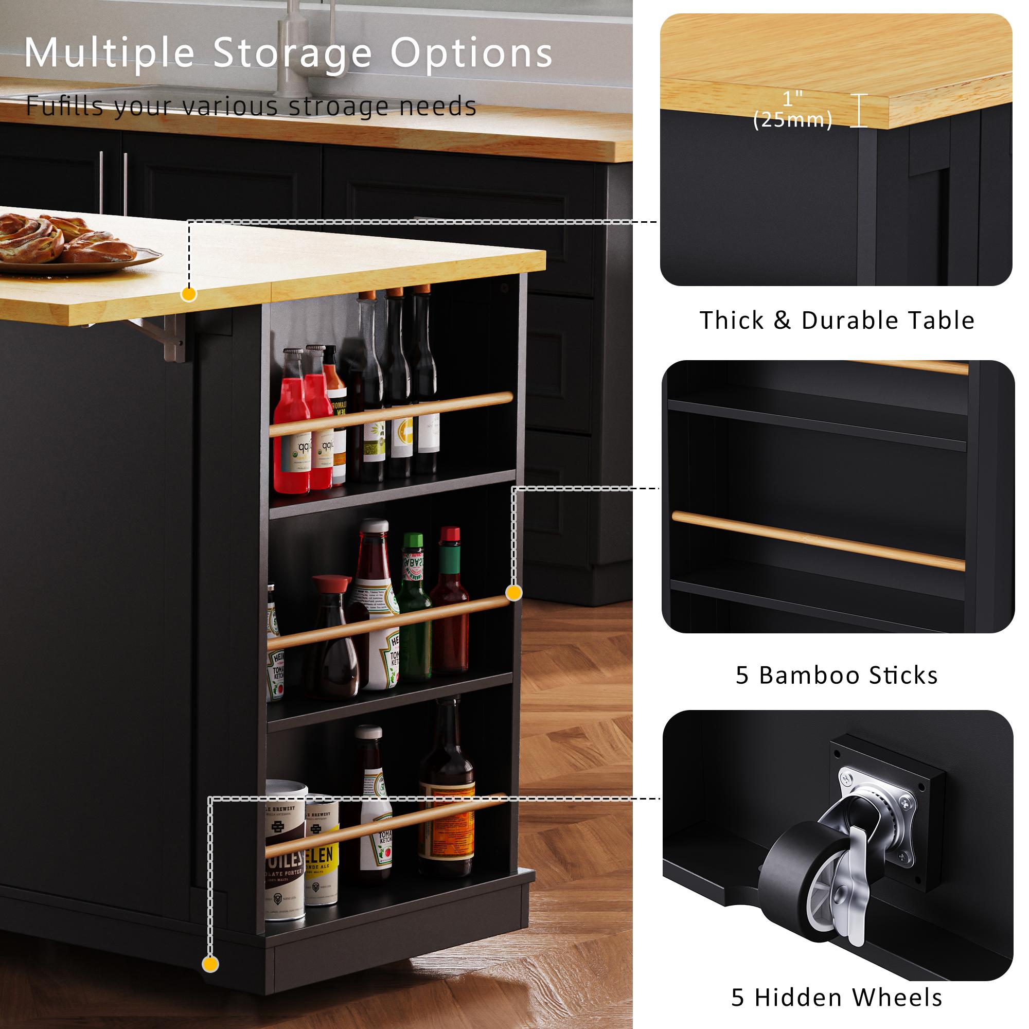 Kitchen Island with Internal Rack, Drop Leaf, Power Outlet, Rolling Cart with Adjustable Shelves and Drawers, 50" L x 29.5" W x 36.5" H, Black