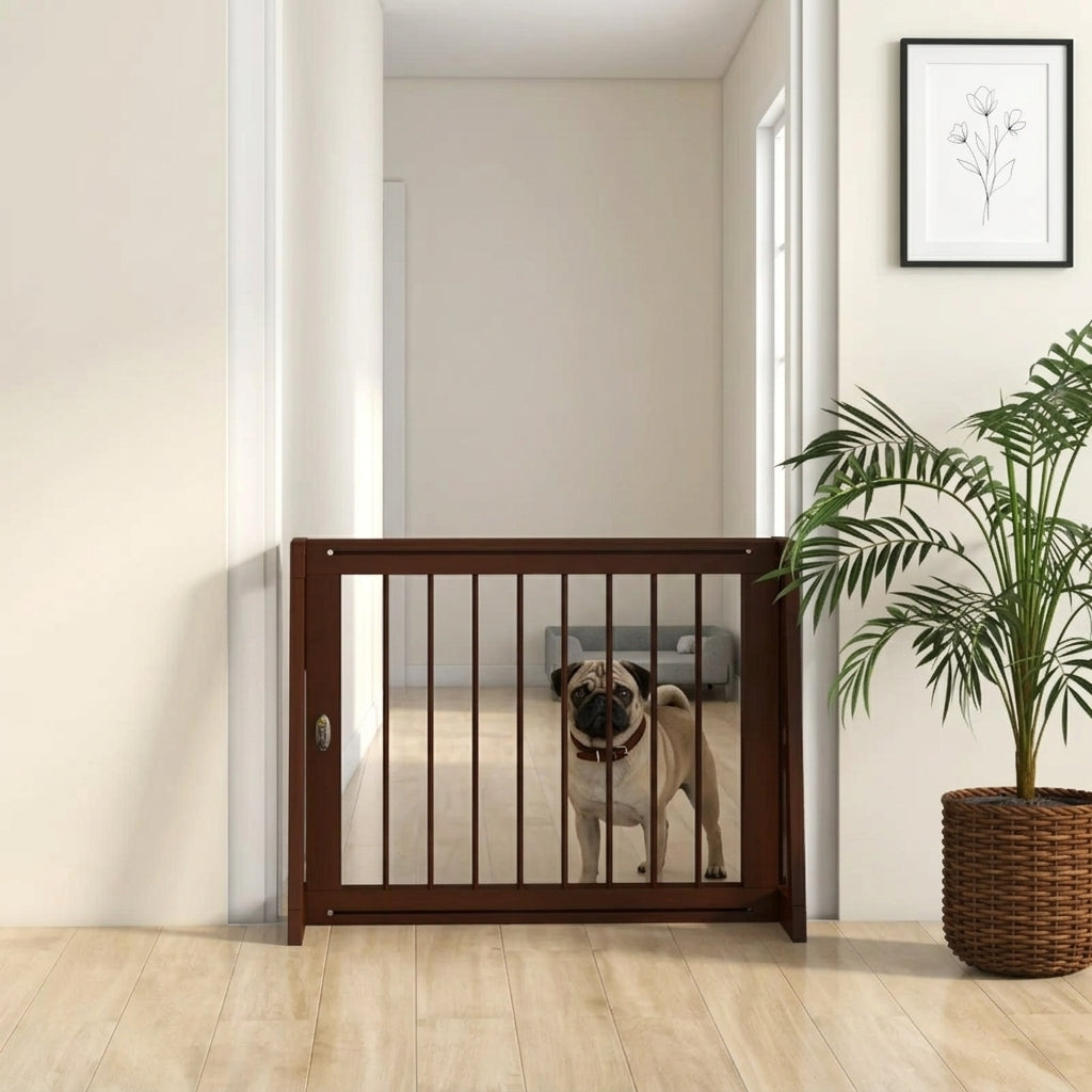 28"-75" Freestanding Wooden Pet Gate with Support Feet & Non-Slip Mats for Indoor, Stairway, Doorway, Brown