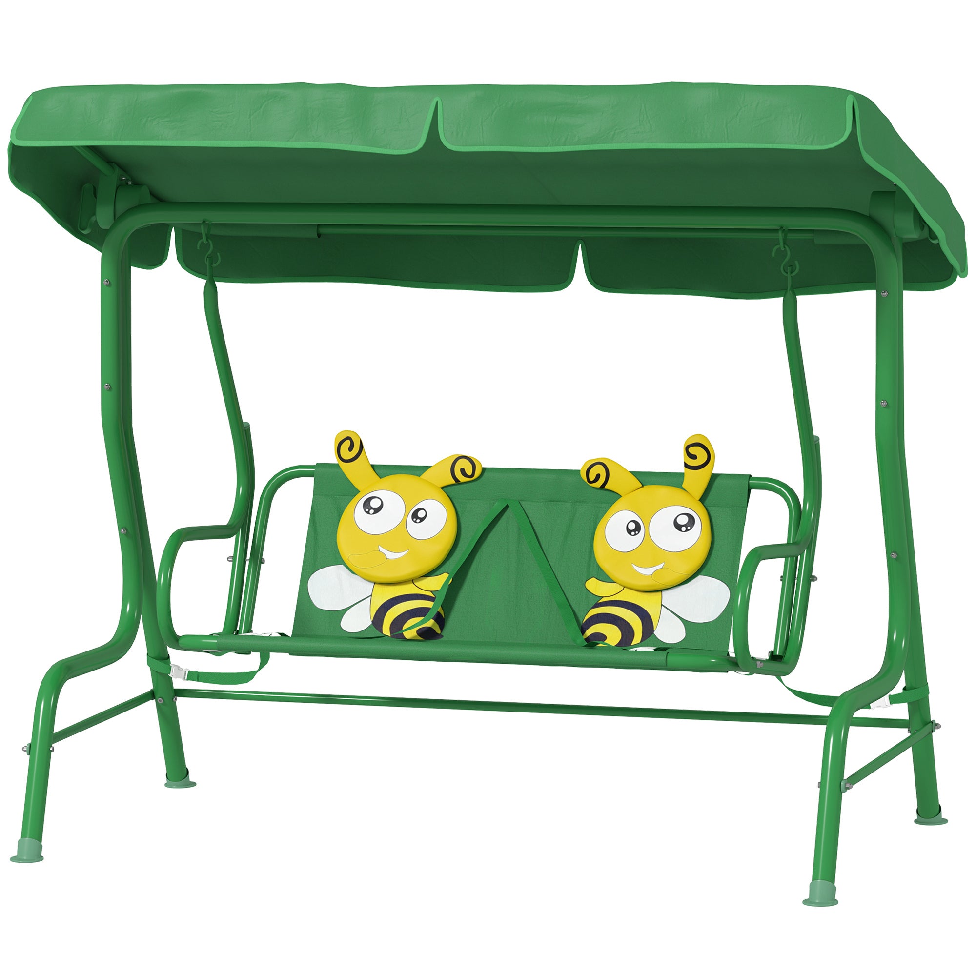 Kids Patio Swing Chair with Adjustable Canopy, Safety Belt for Patio, Garden, Poolside, Balcony, Dark Green