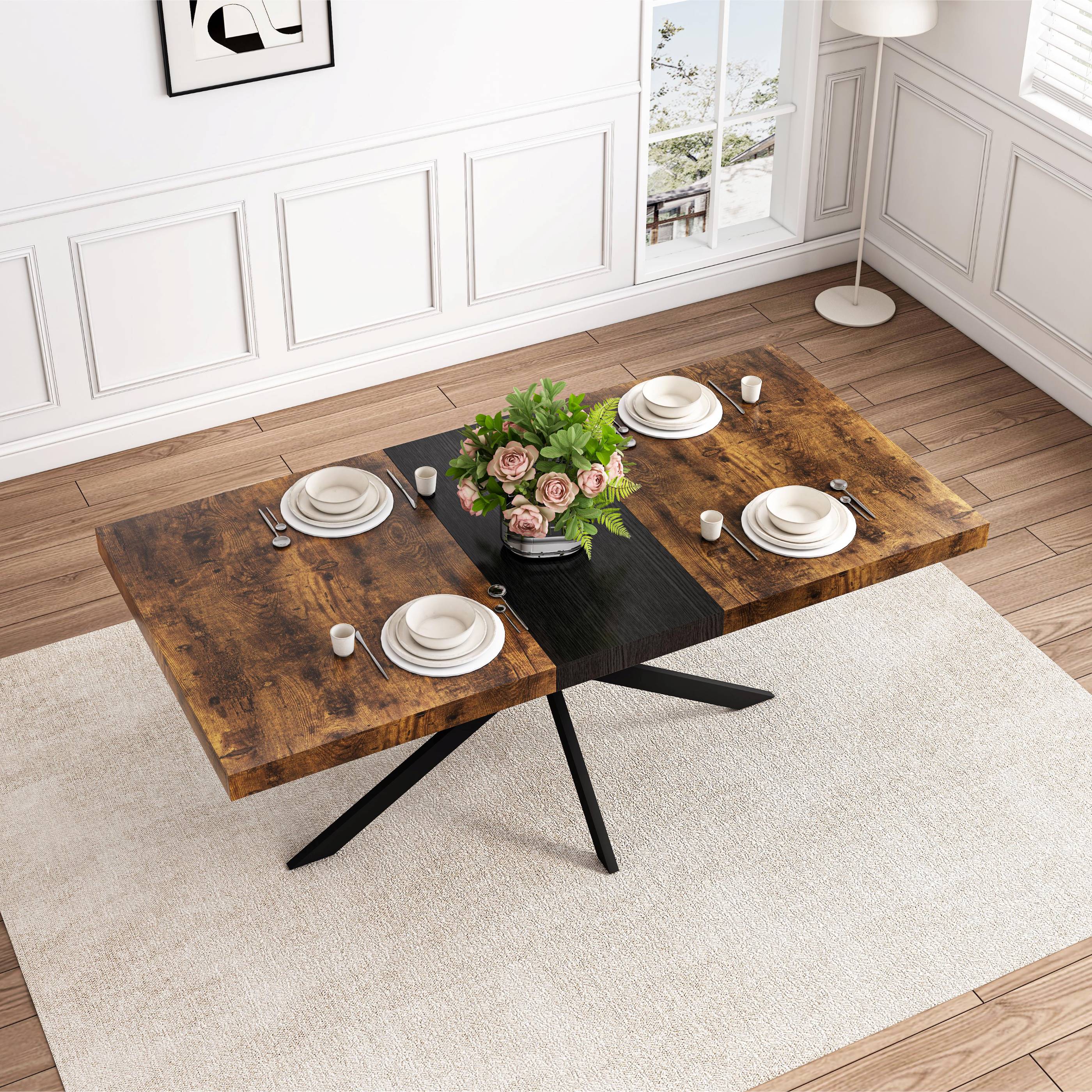 Retro Rectangular Stretch Dining Table, Antique Wood Top, Black Iron Base, with Storage Box, 55.11"-70.86", Black Brown