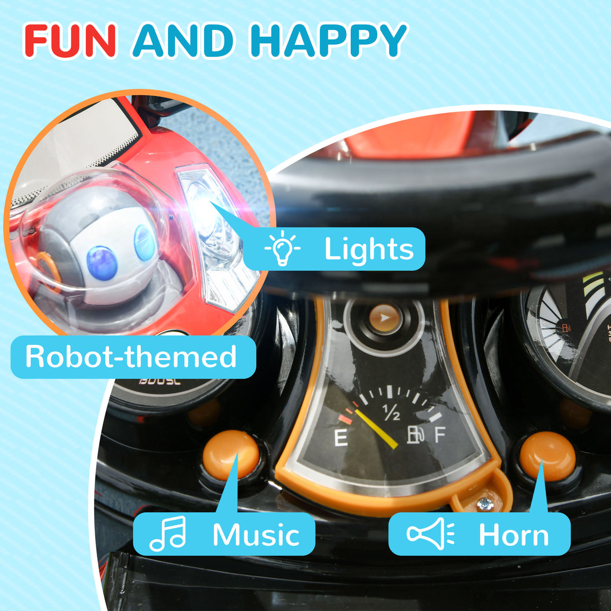 3 in 1 Push Car Sliding Car with Removable Handle, Music, Horn, Canopy, Safety Guardrail, Red