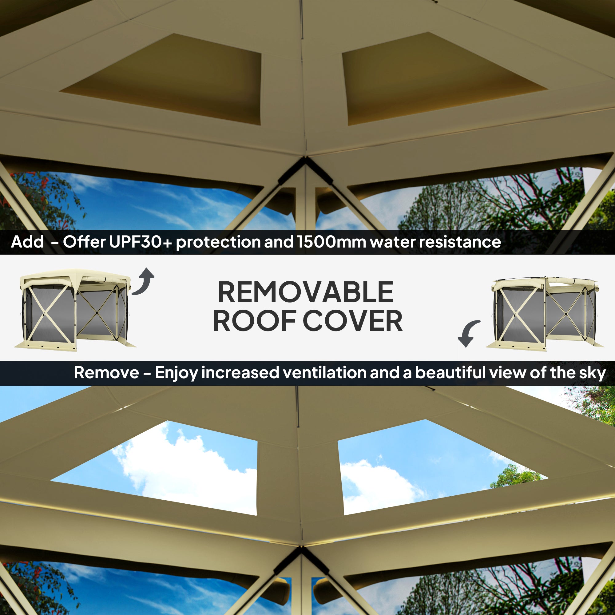 11 x 11ft Pop Up Gazebo Screen Tent with Removable Roof Cover, Roll-up Wind Panels for Camping, Backyard, Beige
