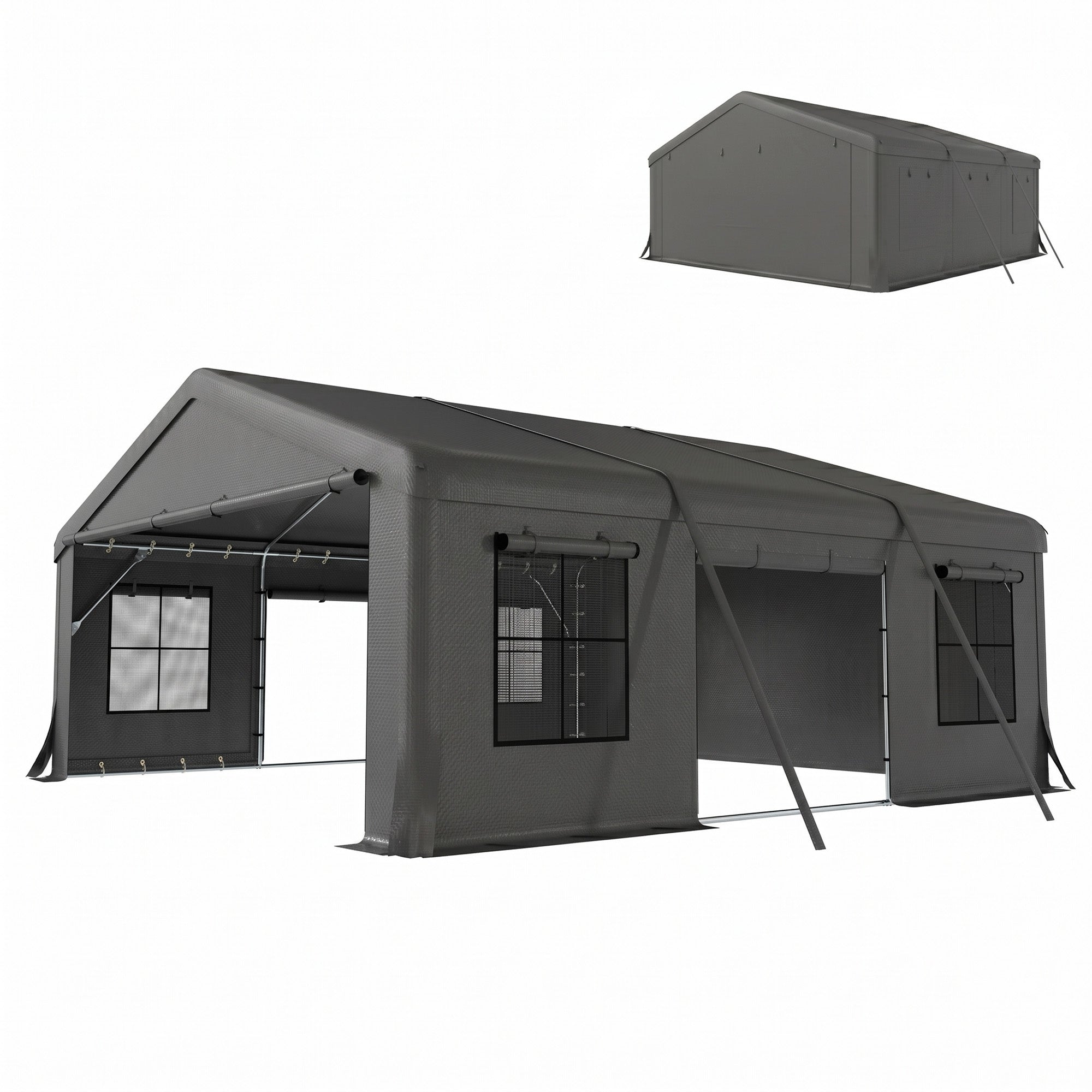 20' x 20' Heavy Duty Carport, Portable Garage Car Canopy Tent Shelter with 3 Roll-up Doors, 4 Windows, Dark Gray