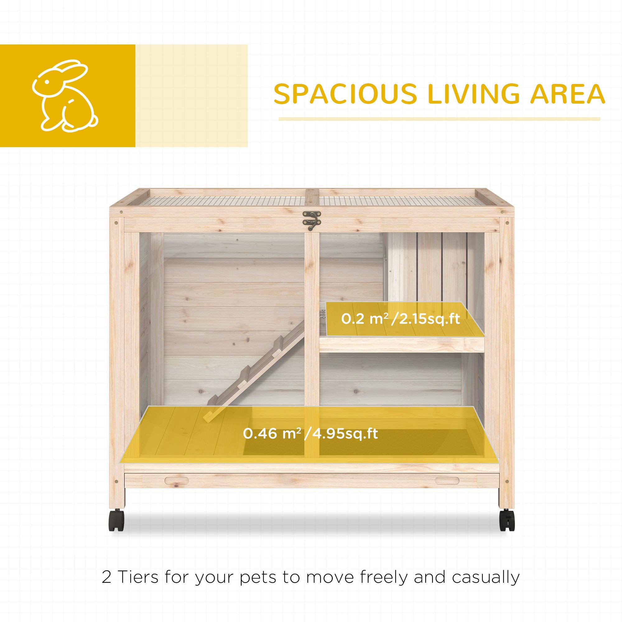 Rabbit Hutch with Wheels, Desk and Side Table Sized, Wooden Rabbit Cage, Waterproof Small Bunny Cage with Removable Tray, Openable Roof, for Rabbits, Chickens, Ducks, Indoor/Outdoor, Natural