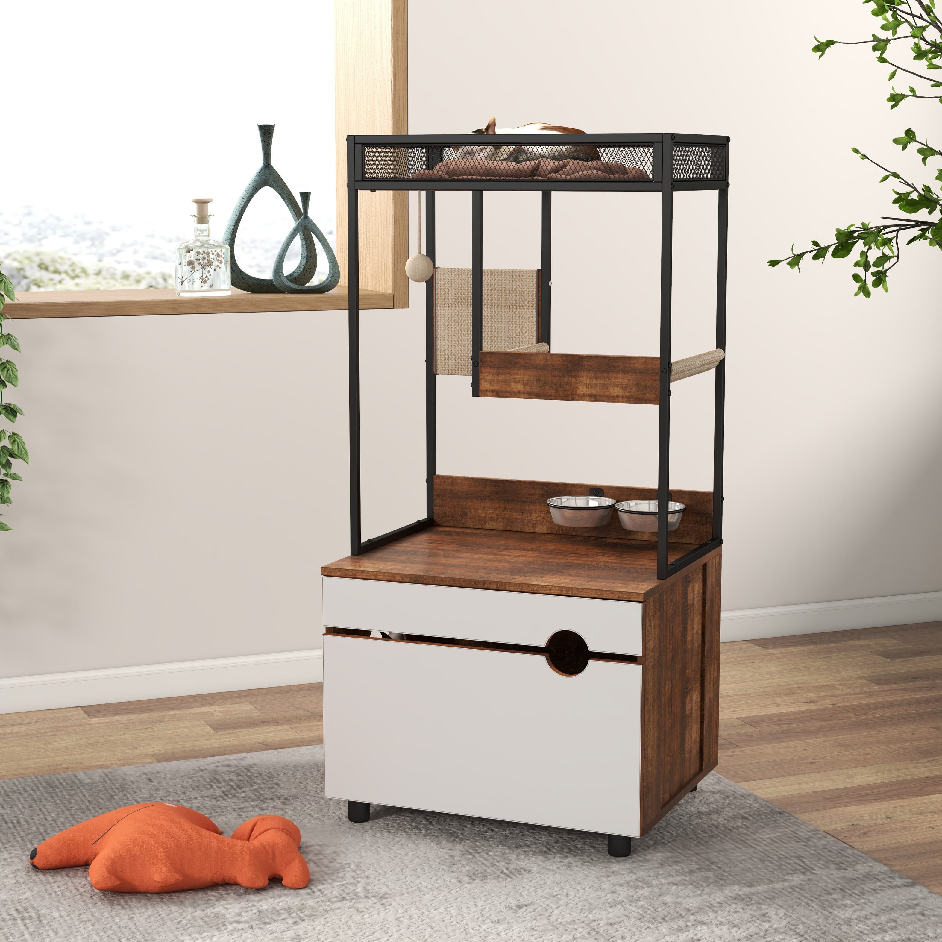 Cat Litter Box Enclosure with Cat Tree Tower, Multi-Functional Cat Furniture Cabinet, 23.5" L x 19" W x 48.5" H, White+Vintage
