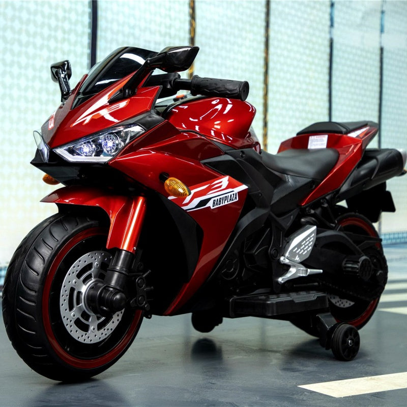 12V Ride-On Motorcycle for Ages 3-8 with Training Wheels and Headlight, Motorbike with MP3 and Light-Up Wheels, 46" L x 20" W x 26" H, Red