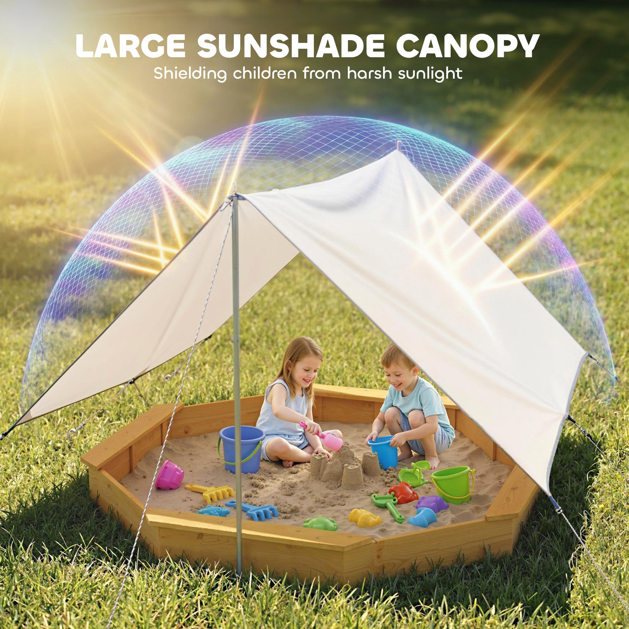 Wooden Sandbox with Large Canopy, Outdoor Sand Box with 4 Bench Seats, Bottom Liner for 8 Kids Aged 3-8, Yellow