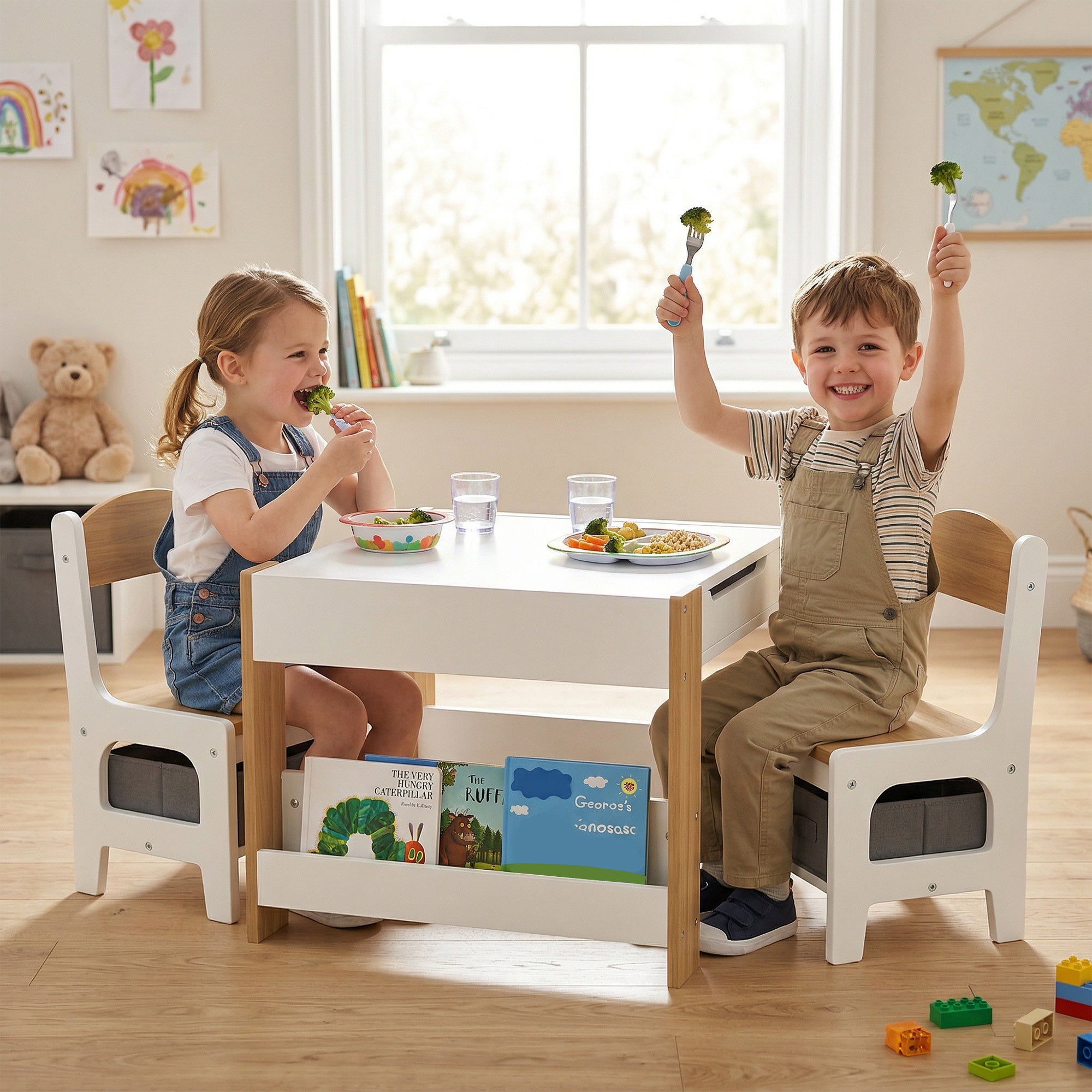 3pc Kids Table and Chair Set with Reversible Tabletop Blackboard, Storage & Bookshelves, Natural