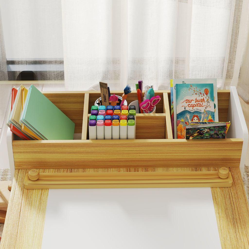 Kids Desk and Chair Set with Paper Roll, Kids Activity Craft Table with Storage Shelves and Drawers, Natural Wood