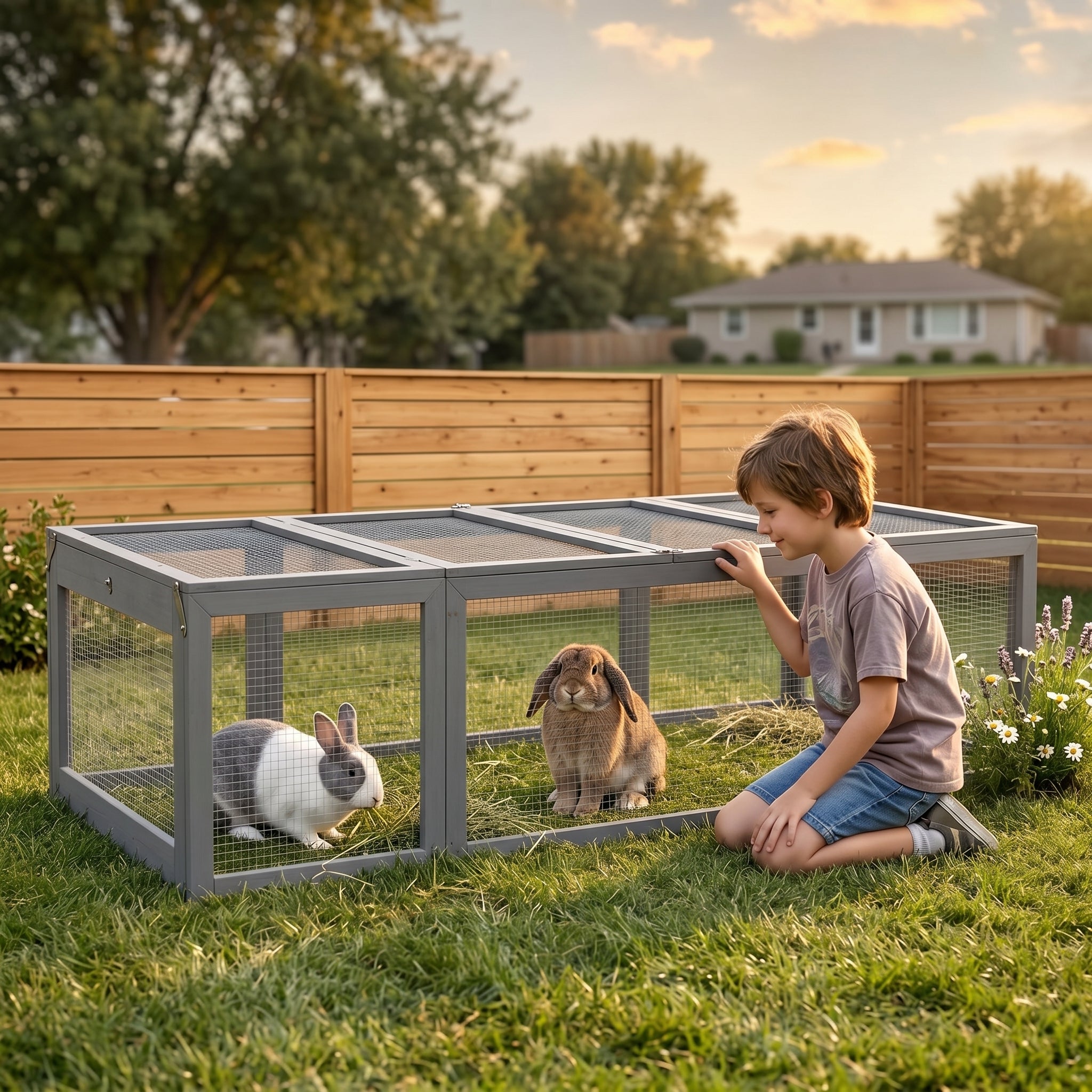 Large Wooden Rabbit Hutch Small Animal Habitat Enclosure Outdoor Run and Lockable Doors - Gray