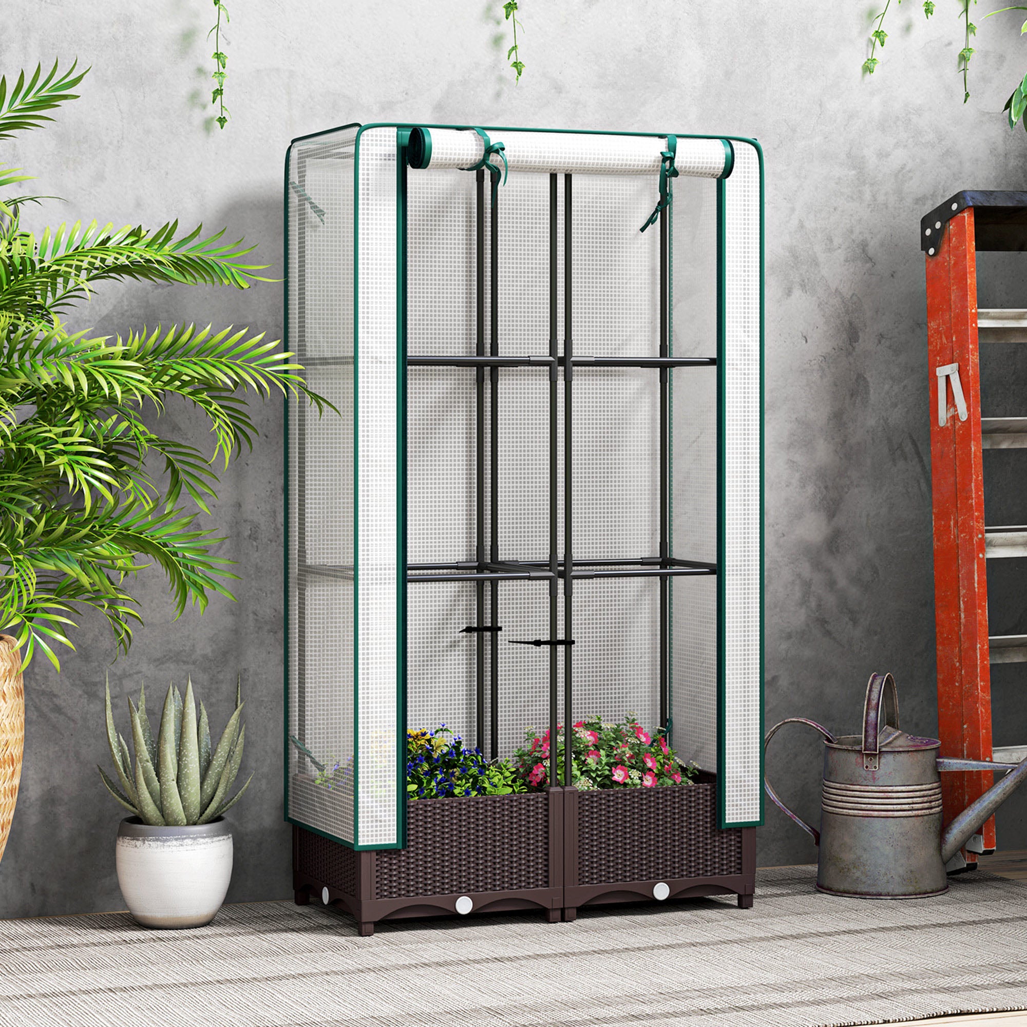 Garden Bed with Trellis, Outdoor Plant Box with PE Cover, Drainage Holes and Zipper Door, 31.5" x 15.7" x 48.8", Brown