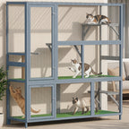 Catio Outdoor Cat Enclosure, 77" H Wooden Cat House with Weatherproof Roof, Platforms and Scratching Post