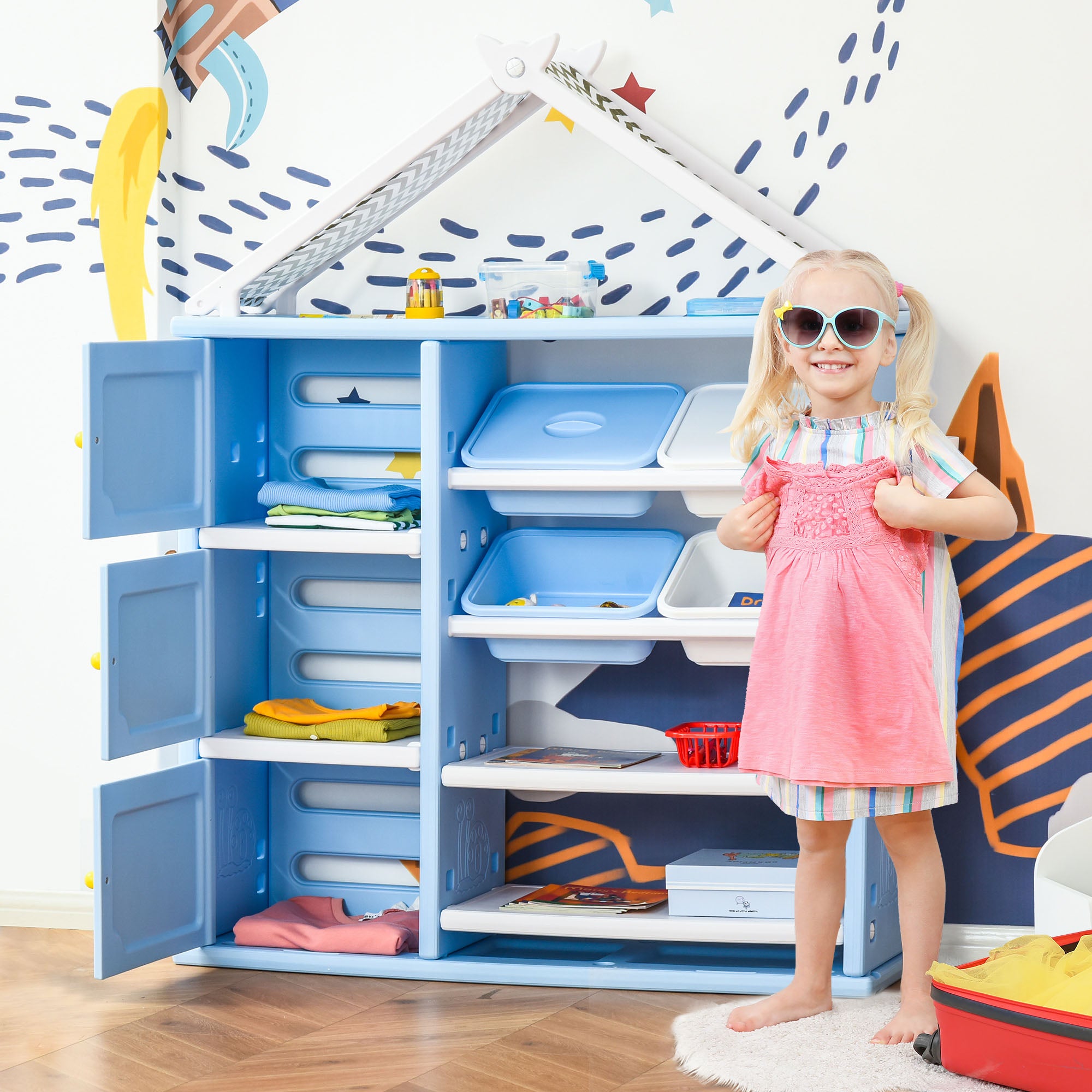 Kids Toy Storage Organizer with 4 Bins, Storage Cabinets, Bookshelf and 4-Layers Toy Collection Shelves, Blue