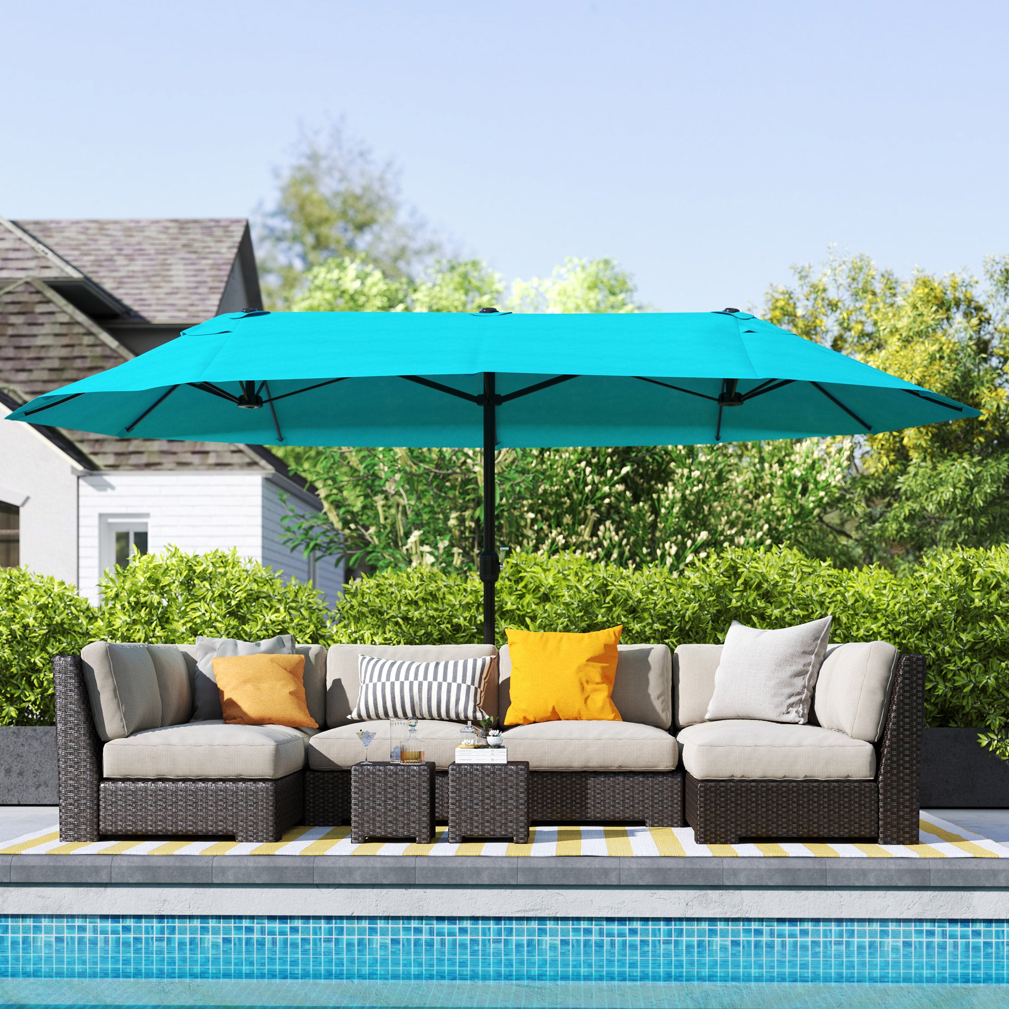 Patio Umbrella 15ft Double-Sided Outdoor Market Extra Large Umbrella with Crank Handle for Backyard, Light Blue