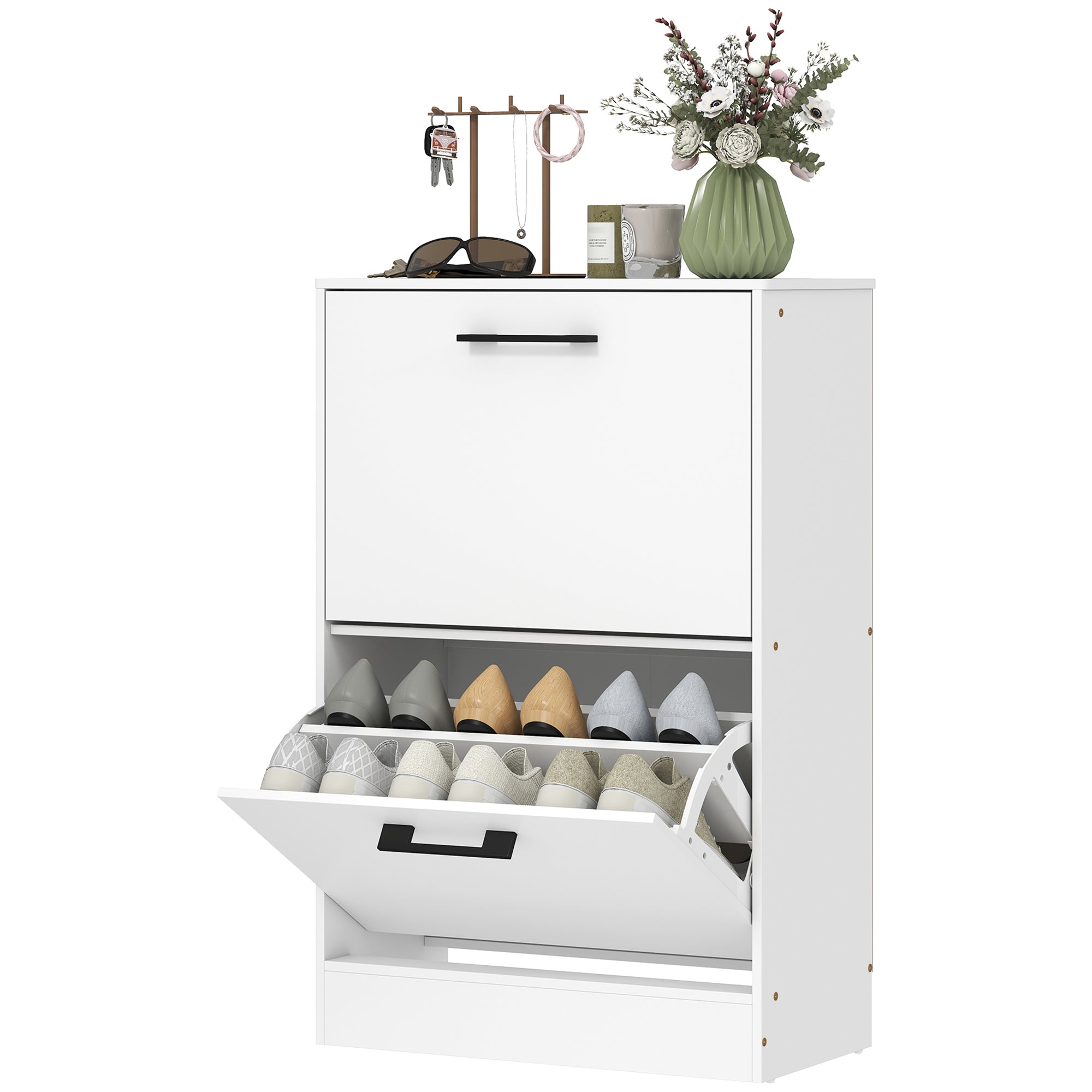Shoe Cabinet 2 Flip Drawers Narrow Shoe Storage Unit Adjustable Dividers Entryway Hallway White
