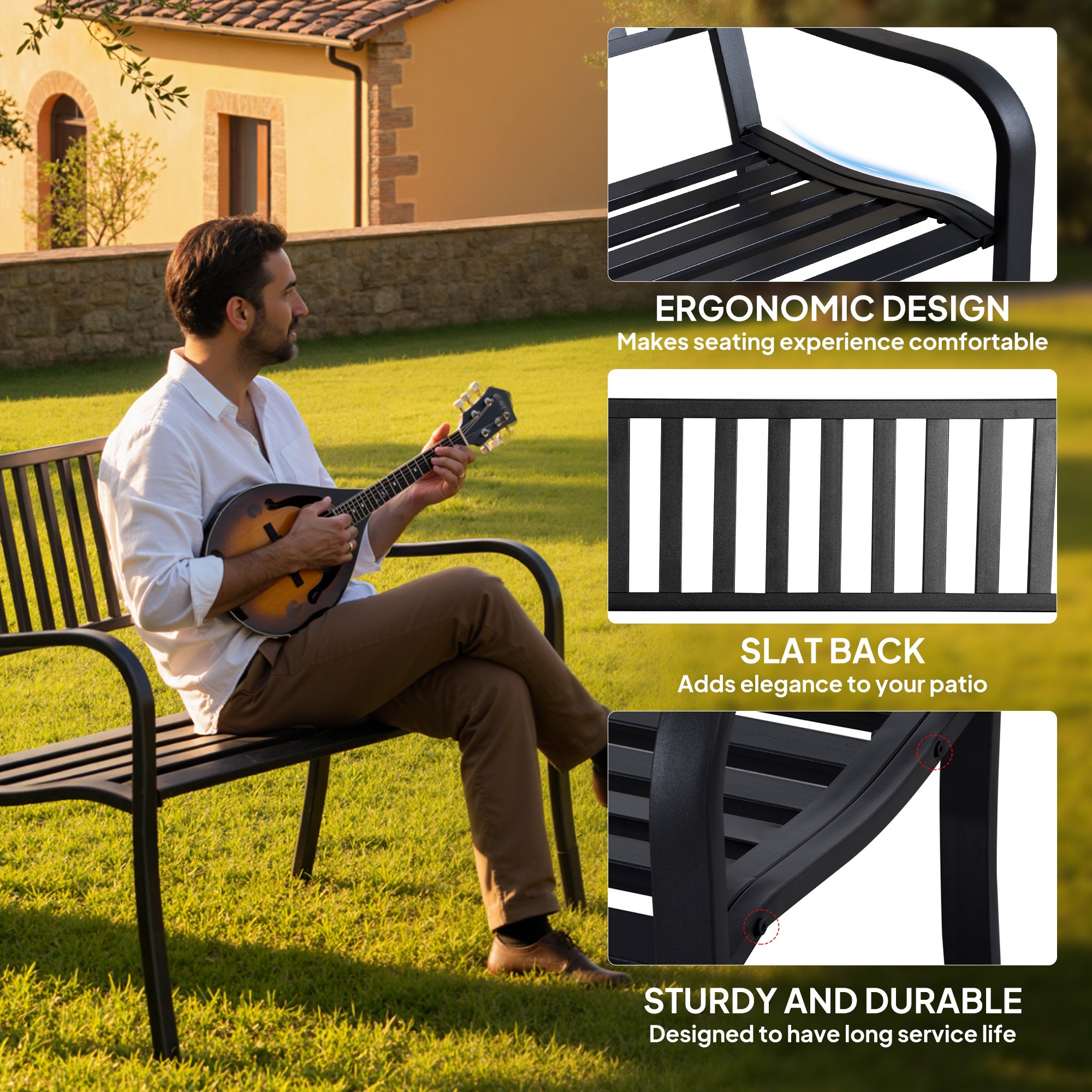 Outdoor Bench, 50" Patio Garden Bench with Slatted Seat, Metal Bench for Backyard, Poolside, Lawn, Black