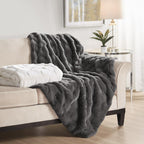 Luxurious Faux Fur Throw Blanket with Crystal Velvet Reverse, Basketweave Texture, Perfect for Any Decor, 60" L x 50" W x 0.25" H, Gray