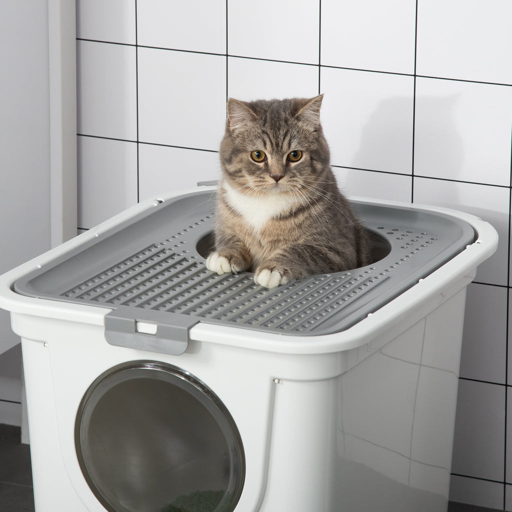 Covered Cat Litter Box, Easy Cleaning Kitty Litter Box with Front Entrance, Top Exit, Scoop, for Odor Control, White