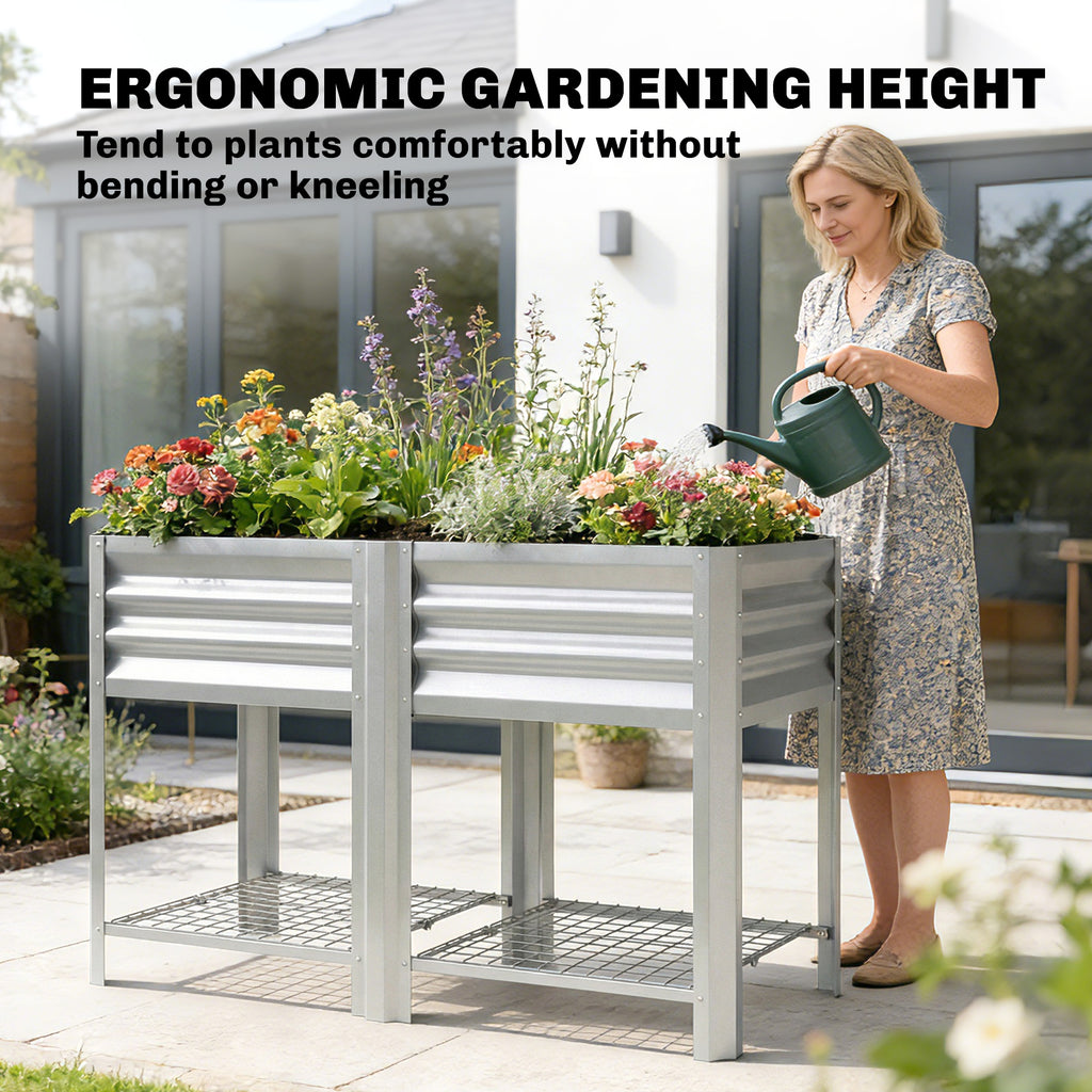 Raised Garden Bed Galvanized Steel, Elevated Planter Box with Storage Shelf, Bed Liner, 31.5" High, Silver