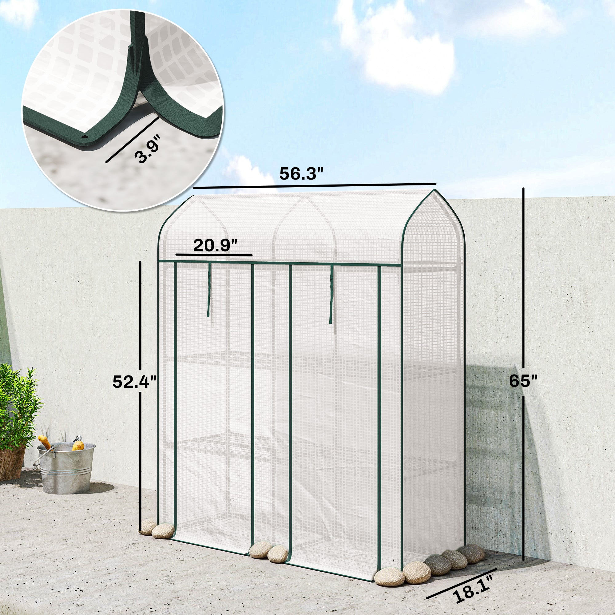 3 Tier Mini Greenhouse, Small Portable Greenhouse with 2 Roll-up Doors, 56.3" x 18.1" x 65", White