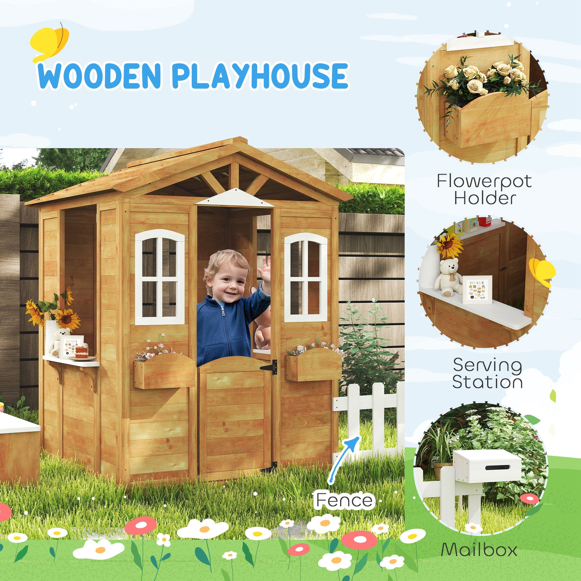 Outdoor Playhouse for Kids Wooden Cottage with Working Doors Windows & Mailbox for Age 3-6 Years, Natural Wood