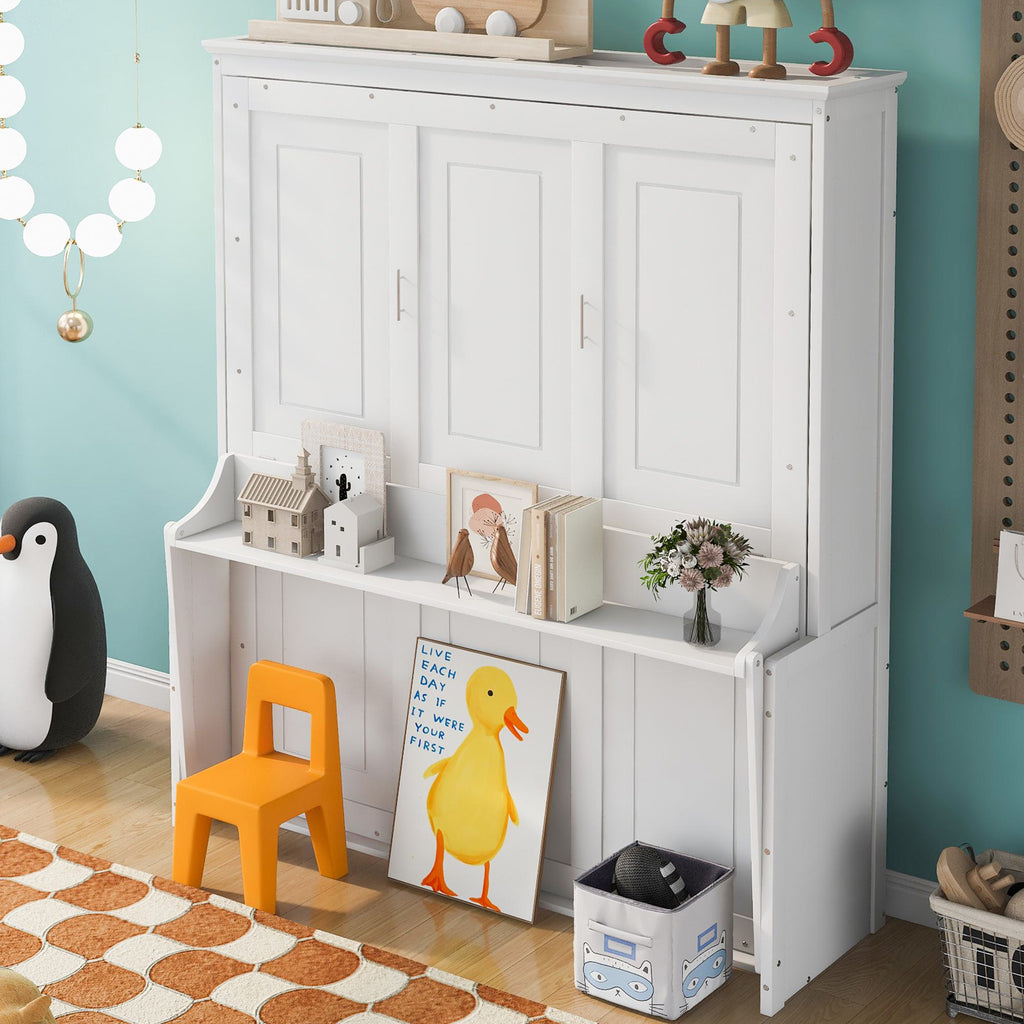 Space-Saving Design Queen Size Murphy Bed with Shelf, Solid Wood and MDF, 86" L x 69.5" W x 87" H, White